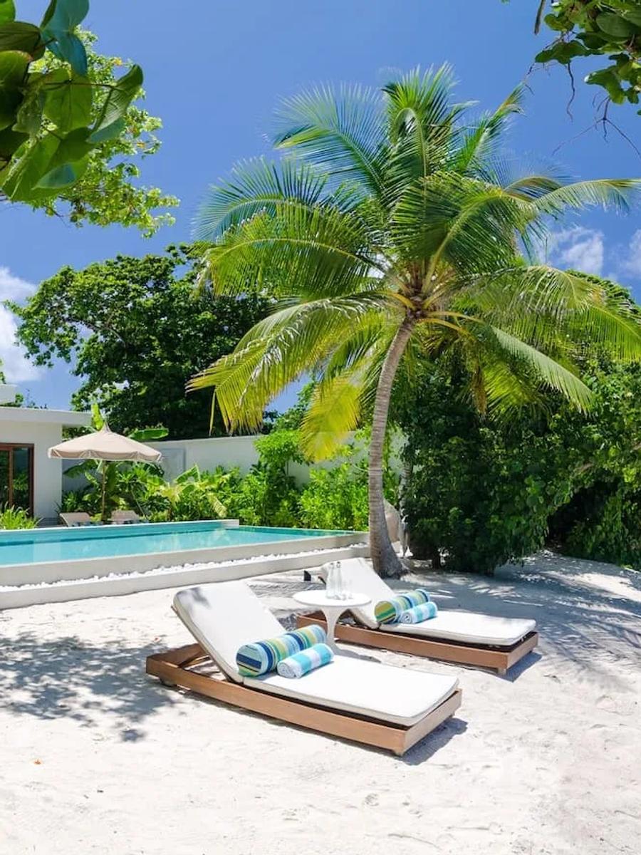 A Two-Bedroom Beach Pool Villa at Amilla seen from the beach, palm trees framing its private pool and lounge chairs