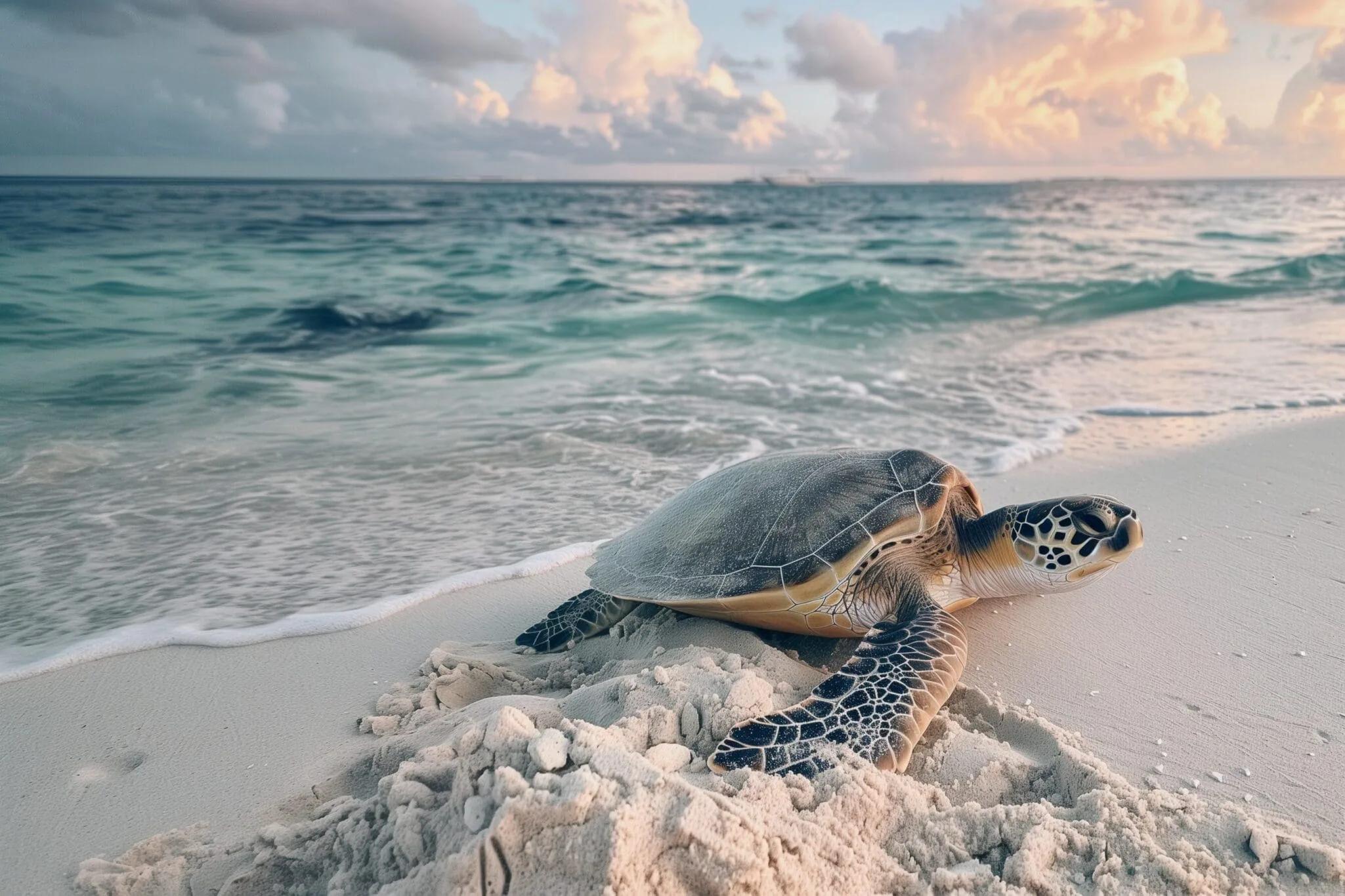 A sea turtle resting on the beach sand at the waterline, waves breaking behind it under a dawn sky