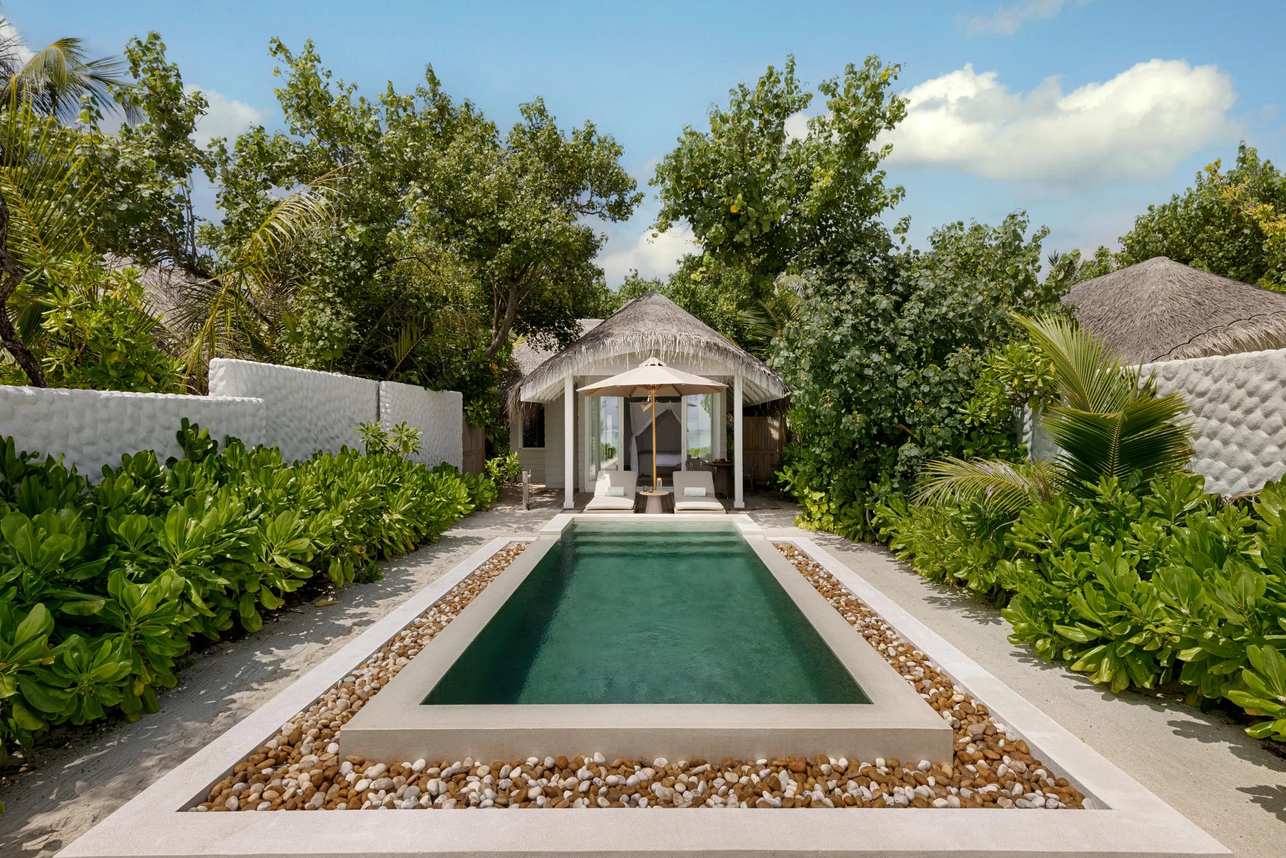 A beachfront pool villa framed by palms, its thatched roof and private plunge pool visible through the garden.