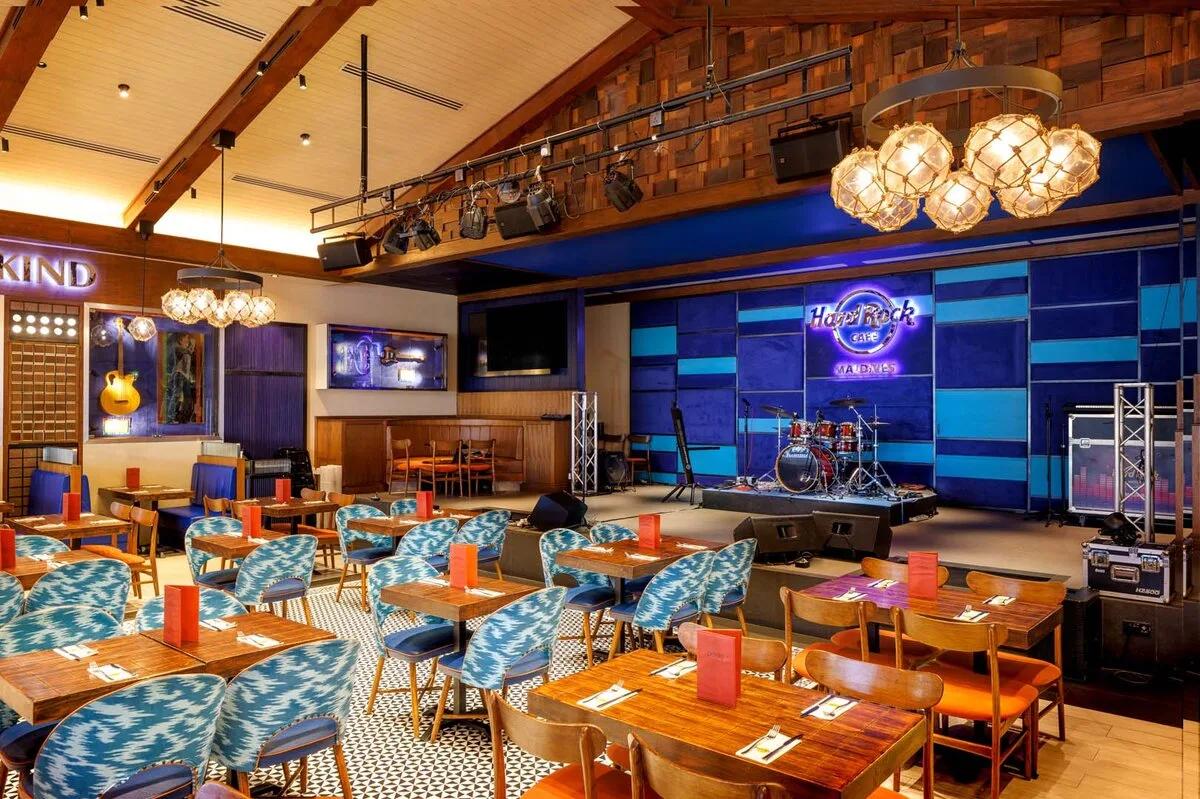 Hard Rock Cafe Maldives, memorabilia lining the walls of the dining room at The Marina @ CROSSROADS