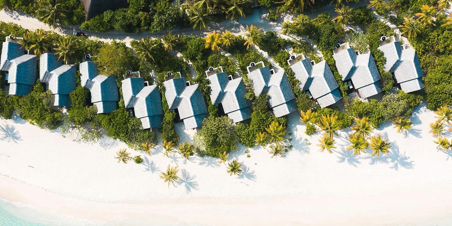Aerial view over Heritance Aarah's Family Beach Villas and the surrounding lagoon
