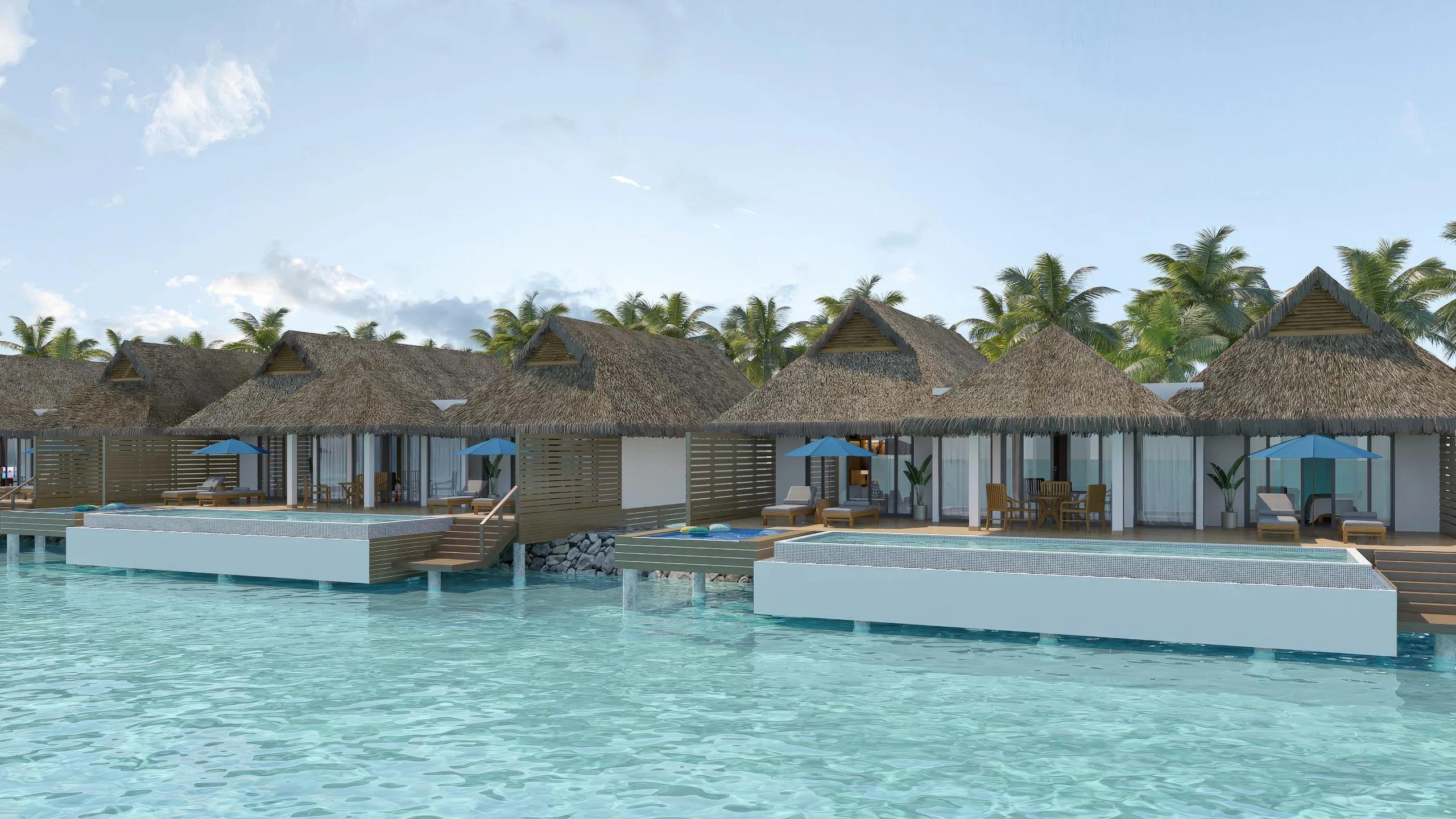 An overwater villa row at dusitD2 Feydhoo Maldives — the resort's own published photo for this beachfront suite's booking page shows this overwater setting rather than the suite itself, a mismatch in the source material rather than ours