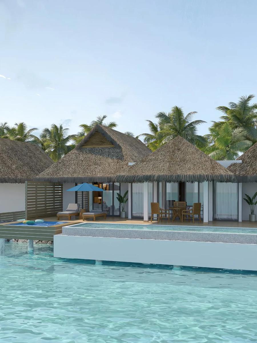 An overwater villa row at dusitD2 Feydhoo Maldives — the resort's own published photo for this beachfront suite's booking page shows this overwater setting rather than the suite itself, a mismatch in the source material rather than ours