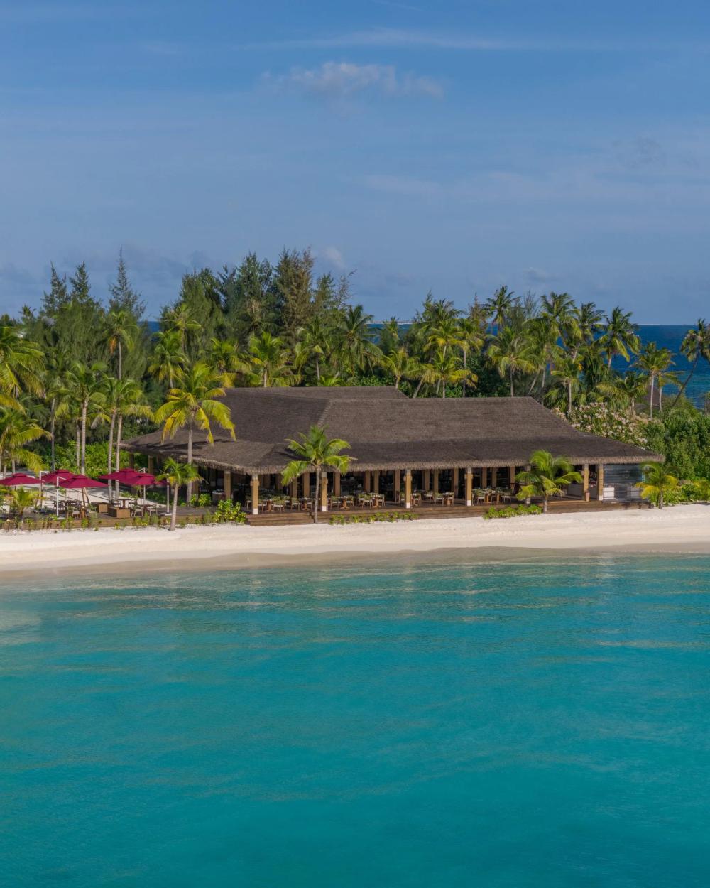 An aerial view of Baraveli, dusitD2 Feydhoo Maldives' main all-day restaurant