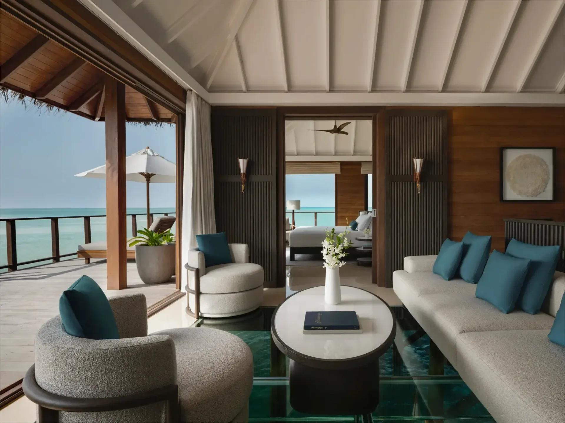 The overwater living room of a Two-Bedroom Rangali Ocean Pavilion, its glass floor panel open to the lagoon below
