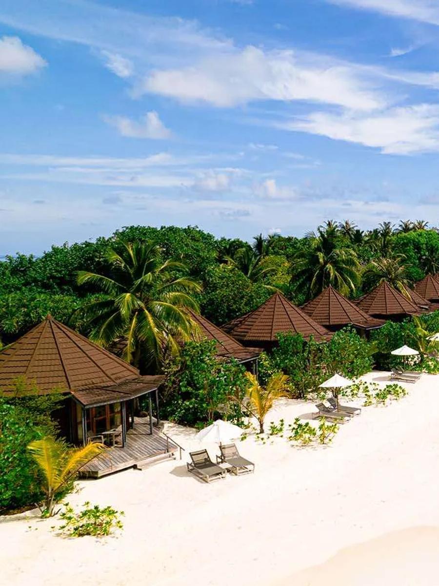 A row of Premium Jacuzzi Beach Villas along the beach, thatched roofs among palm trees with a jetty visible in the distance