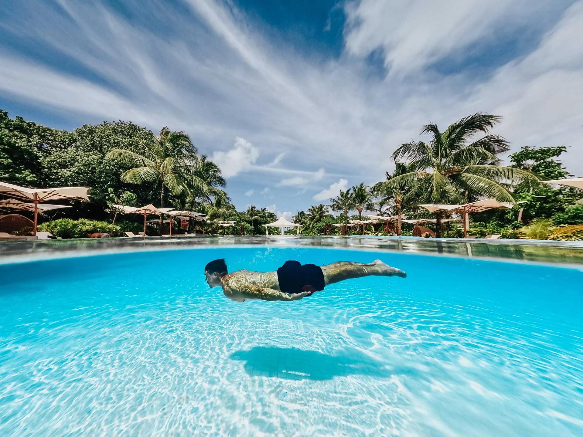 The 150-metre main pool at Kuda Villingili Resort Maldives, the largest swimming pool in the Maldives