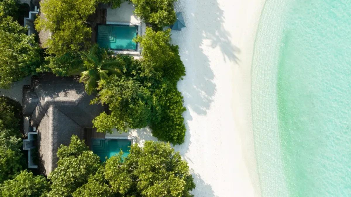 Aerial view of two Beach Pool Villas, each with a private pool set among trees beside the beach