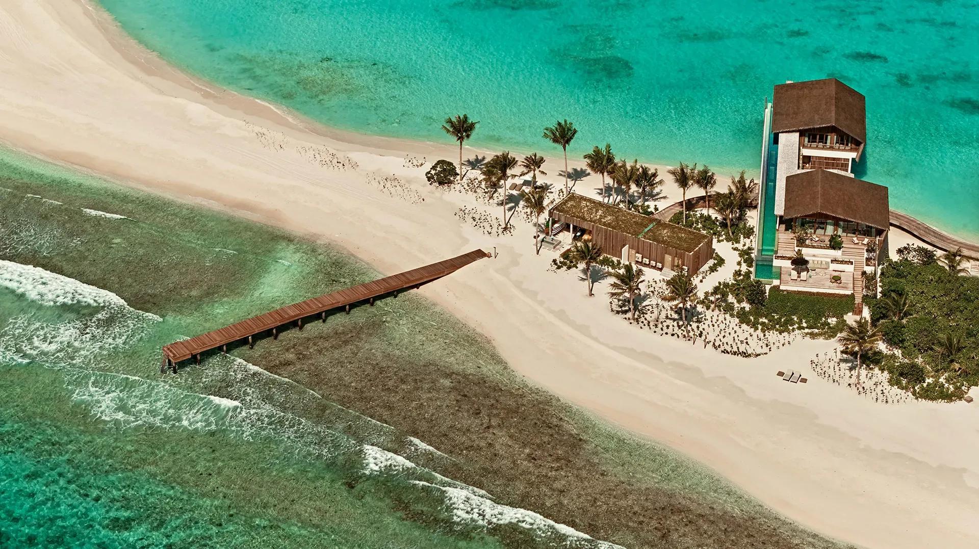 Aerial view of .Here's two private islands, Nowhere and Somewhere, set on a shared sandbank in Baa Atoll's turquoise lagoon