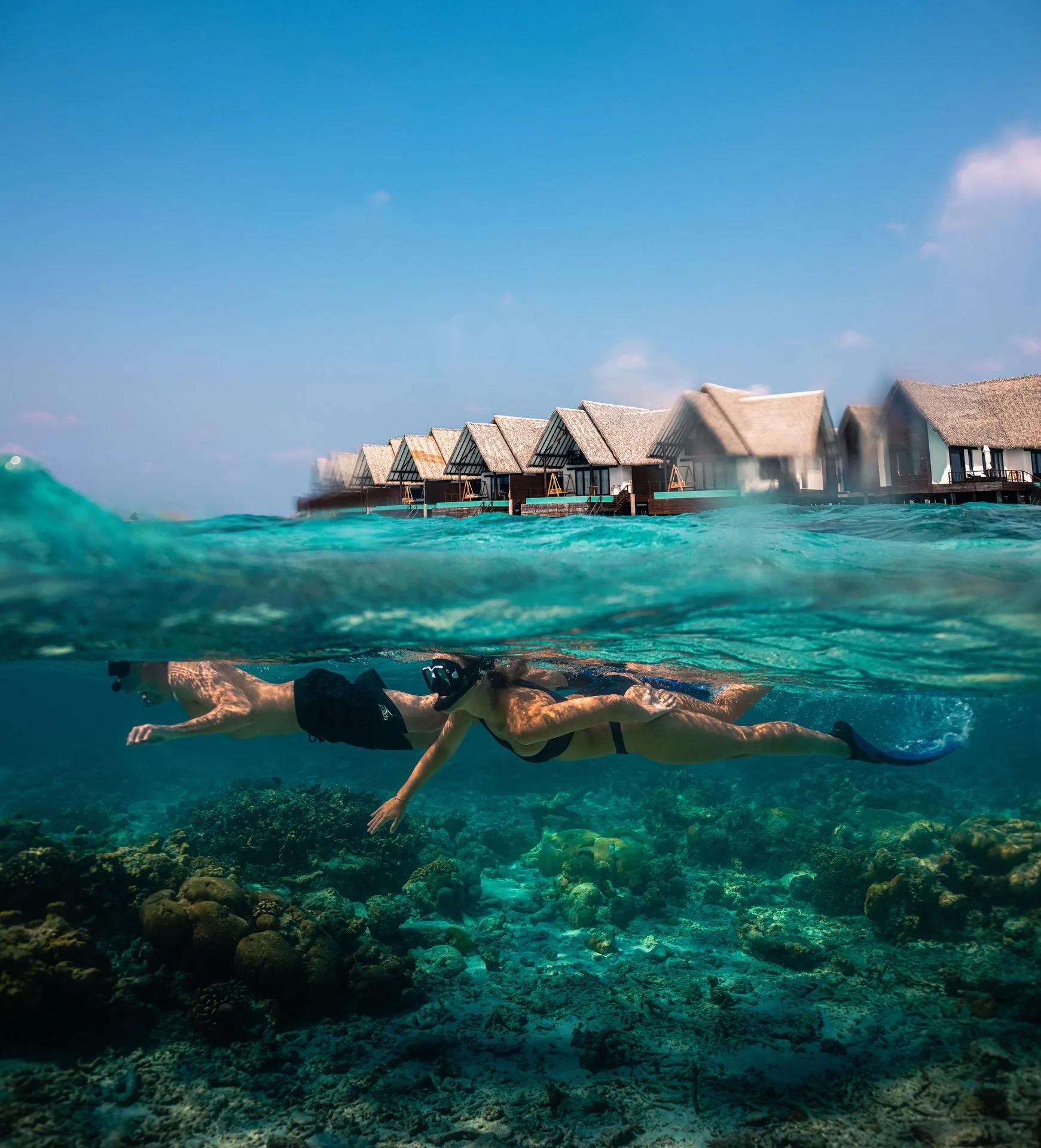 A snorkeller swimming over reef near Heritance Aarah