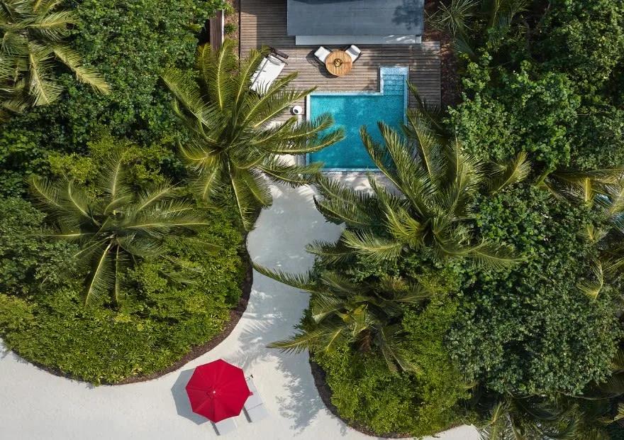 Aerial view of a Deluxe Beach Pool Villa's private pool deck at Niyama