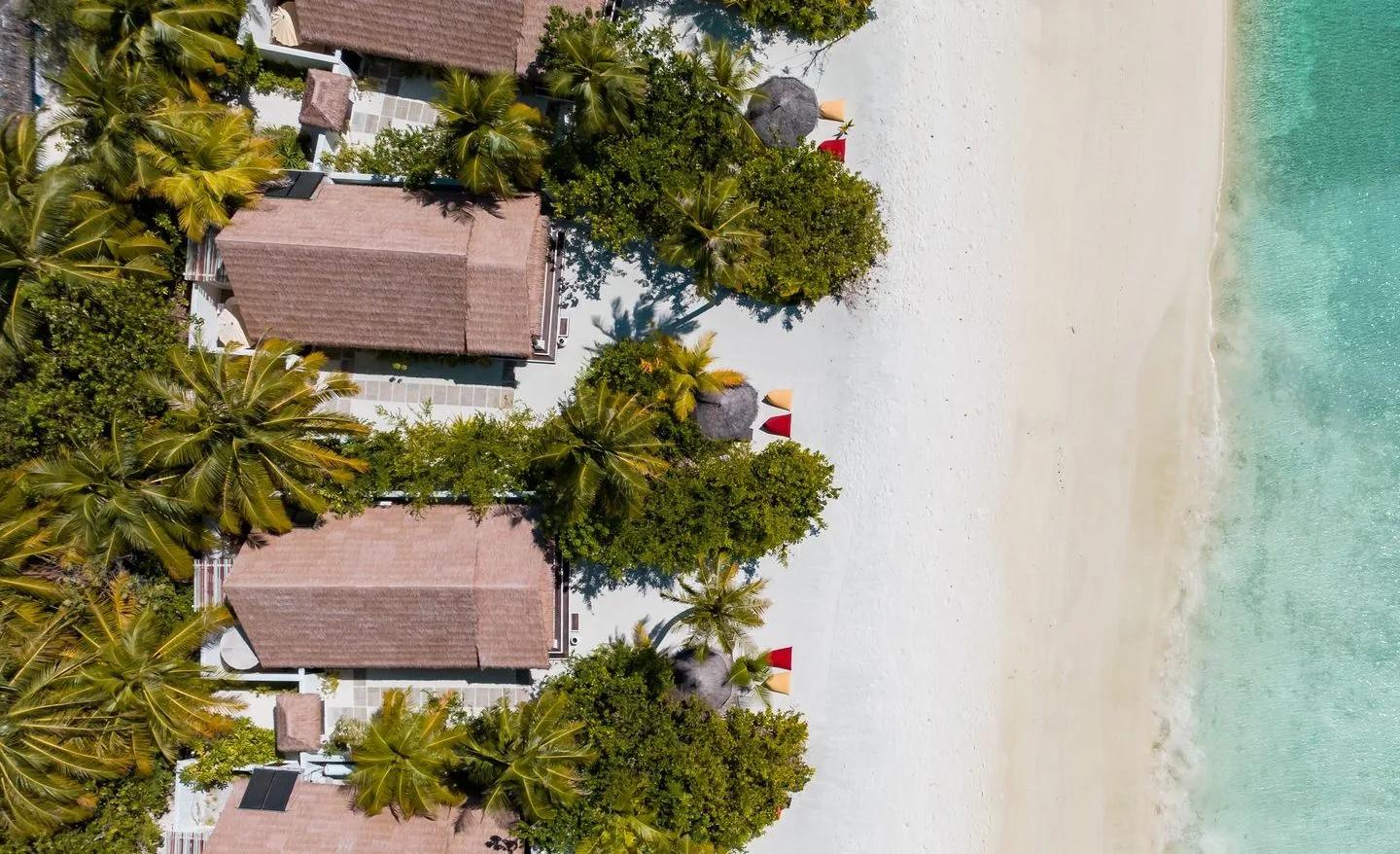 Aerial view of beachfront villas along Maadhoo Island's white-sand beach, thatched umbrellas spaced along the tree line
