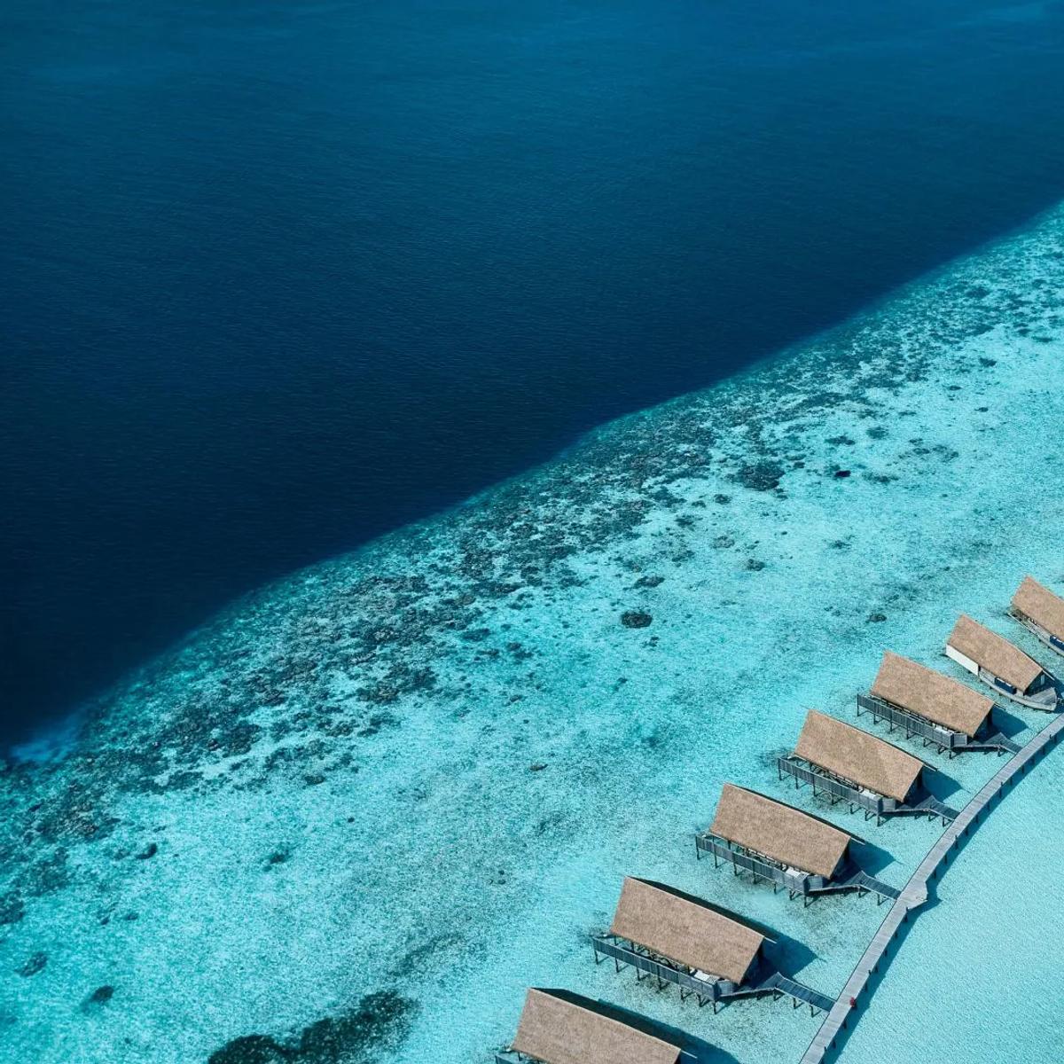Aerial view of COMO Cocoa Island's overwater villas curving along the reef edge, from deep blue open water into the pale turquoise lagoon