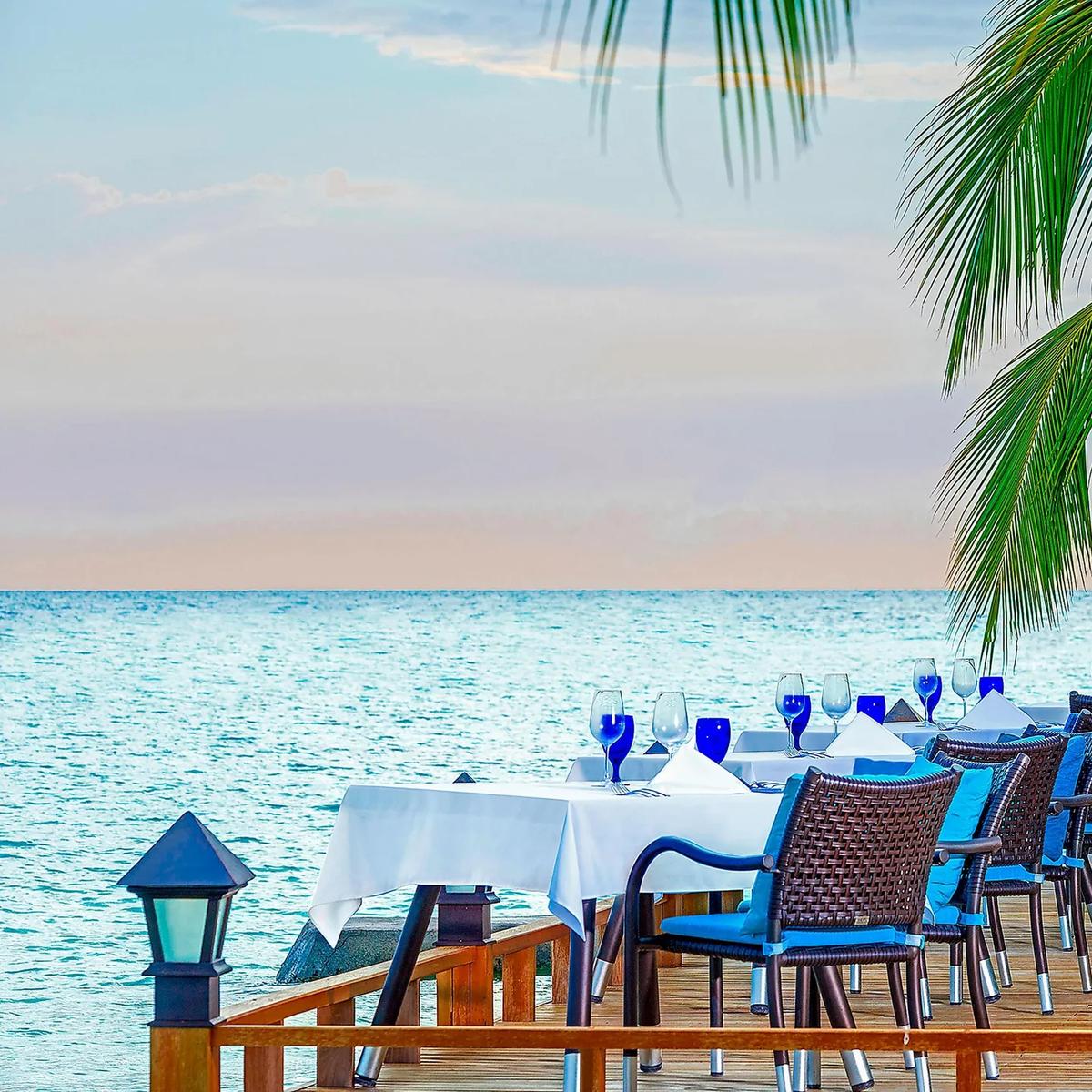 Sea Salt's outdoor tables set beneath string-lit trees, with the pool and beach visible beyond