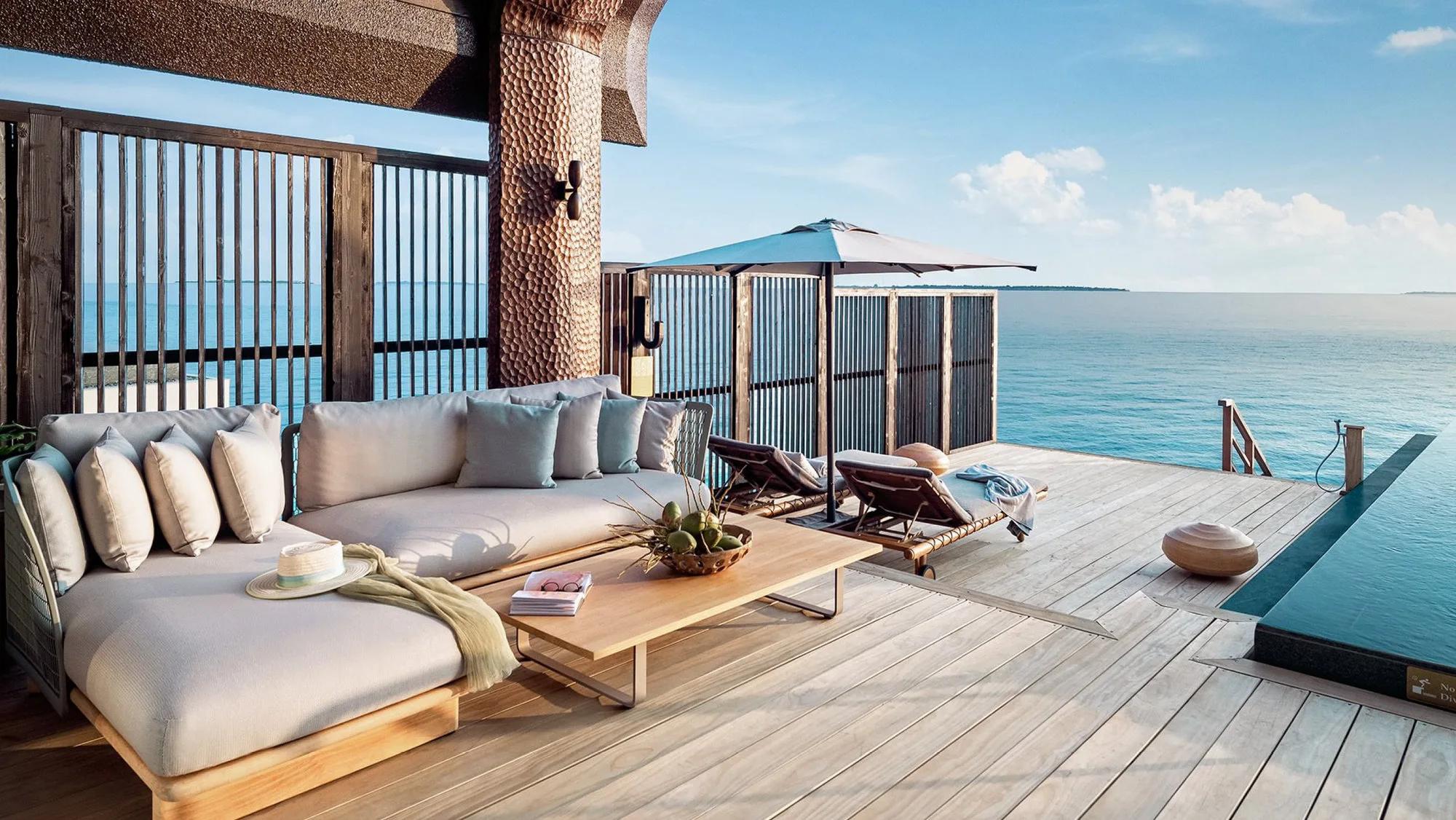 Sun deck of a Two Bedroom Ocean Pool Villa at Joali Being, with direct lagoon access