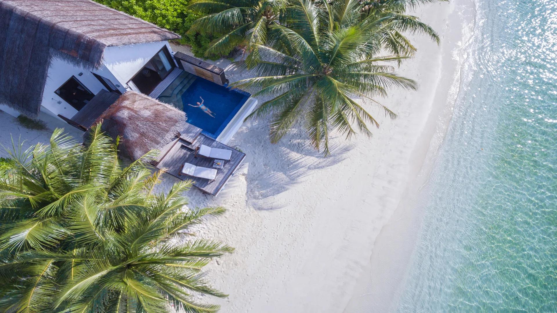 Aerial view of a guest floating in the Beach Pool Villa's private plunge pool, palm trees framing the beachfront deck