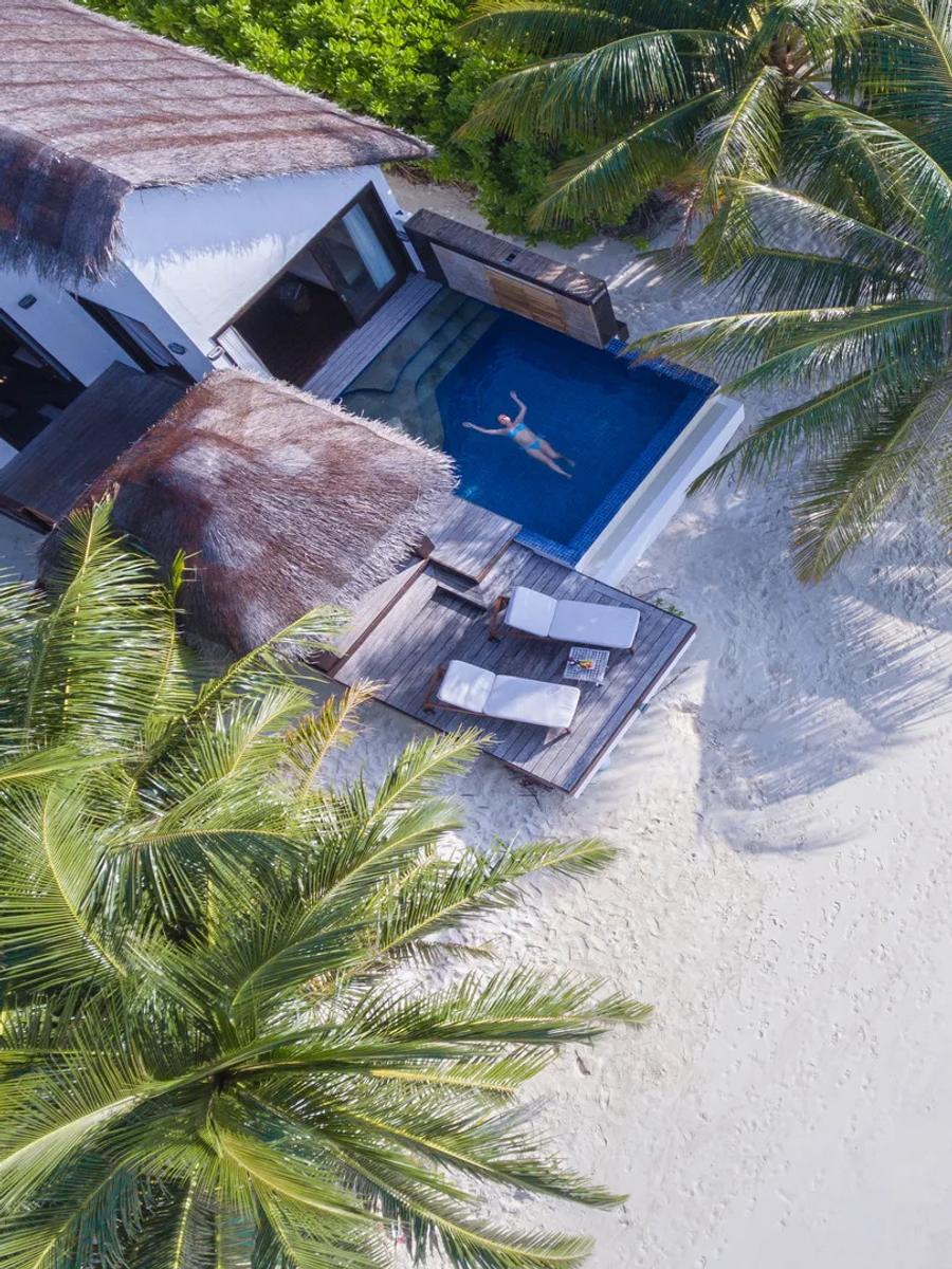 Aerial view of a guest floating in the Beach Pool Villa's private plunge pool, palm trees framing the beachfront deck