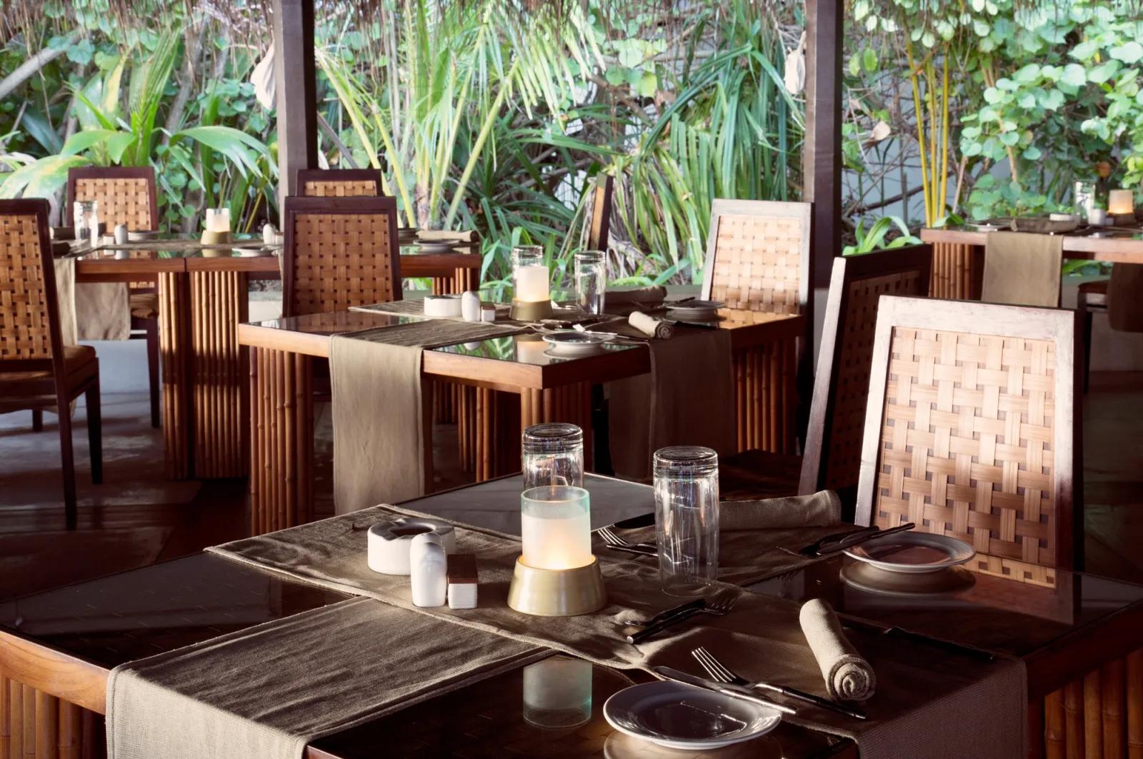 A table set at Air restaurant, shaded by tropical garden greenery