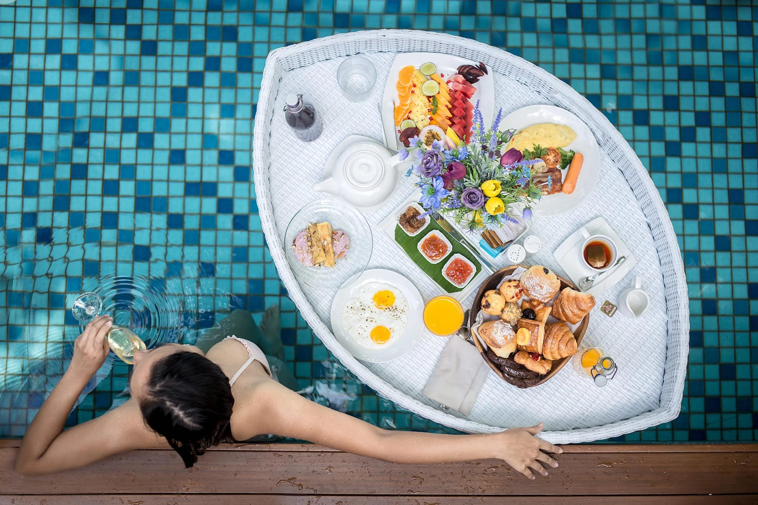 A Floating Breakfast tray in a villa pool at Mercure Maldives Kooddoo Resort