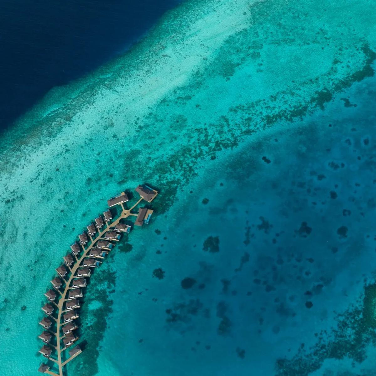 Aerial view of Avani+ Fares Maldives Resort's overwater villas curving along the reef edge, Baa Atoll's turquoise lagoon beyond