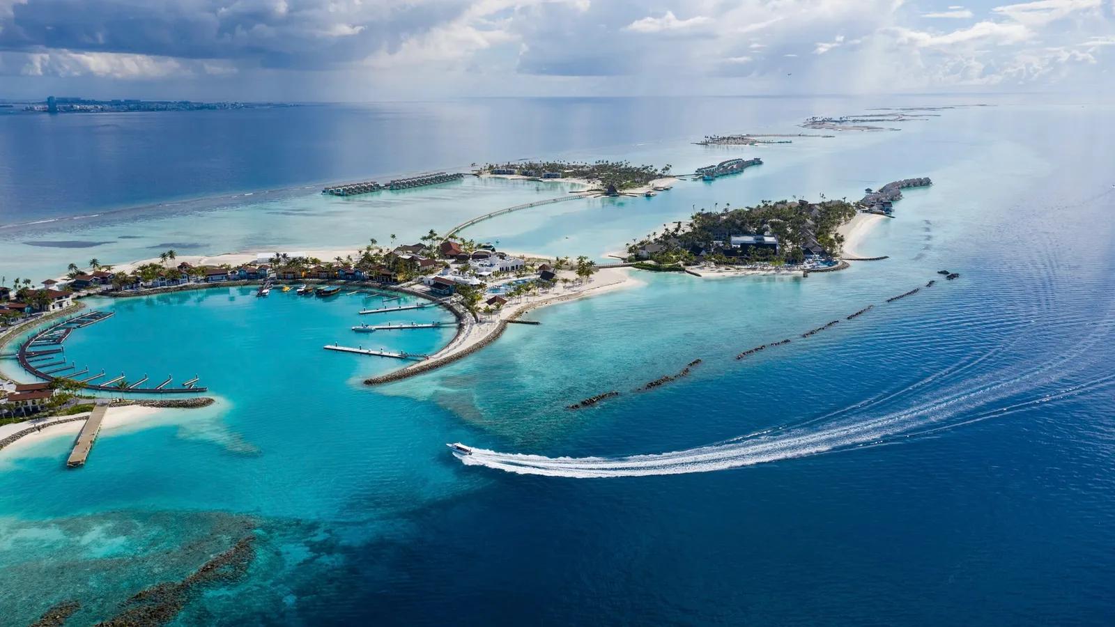 A connected Maldives island development seen from the air