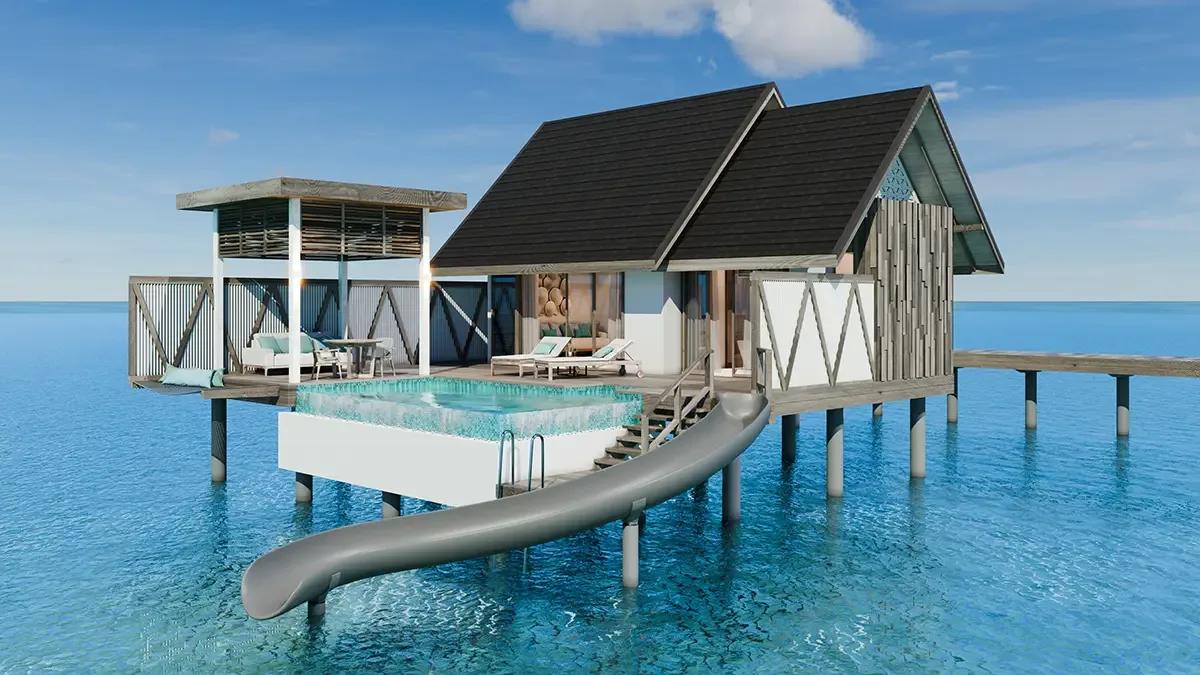 A Water Pool Villa's private plunge pool and deck, built out over the lagoon