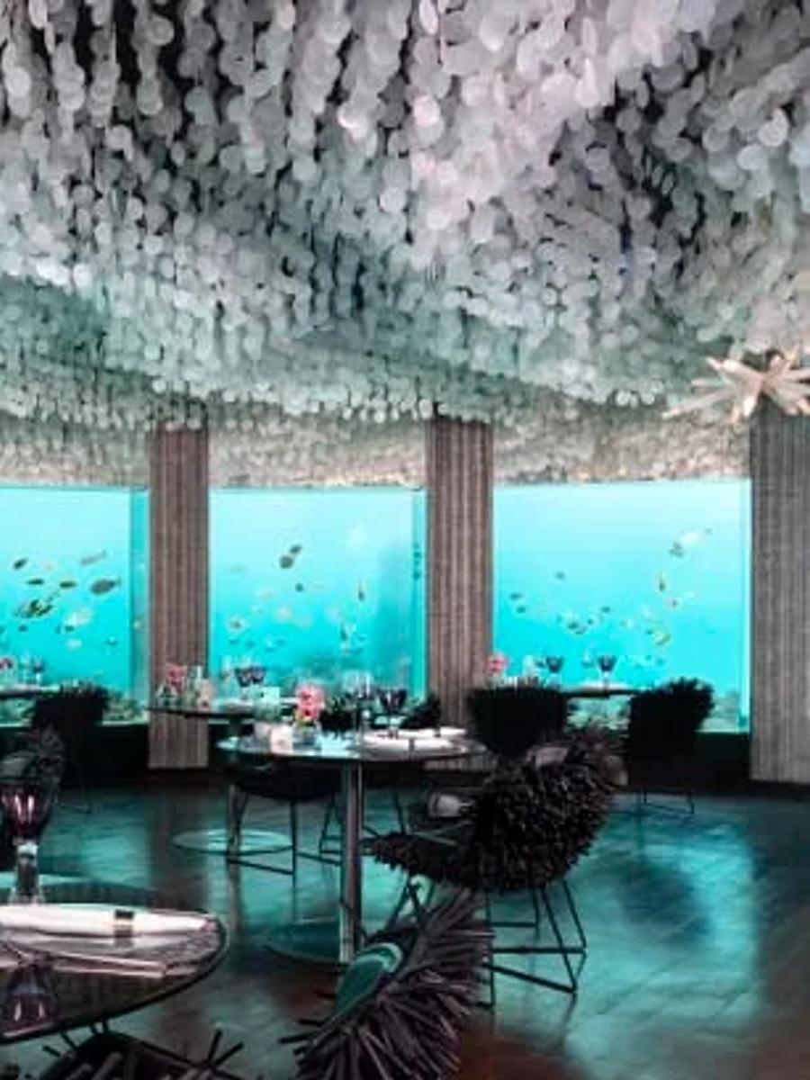 Subsix, Niyama's underwater restaurant, seen from within the lagoon