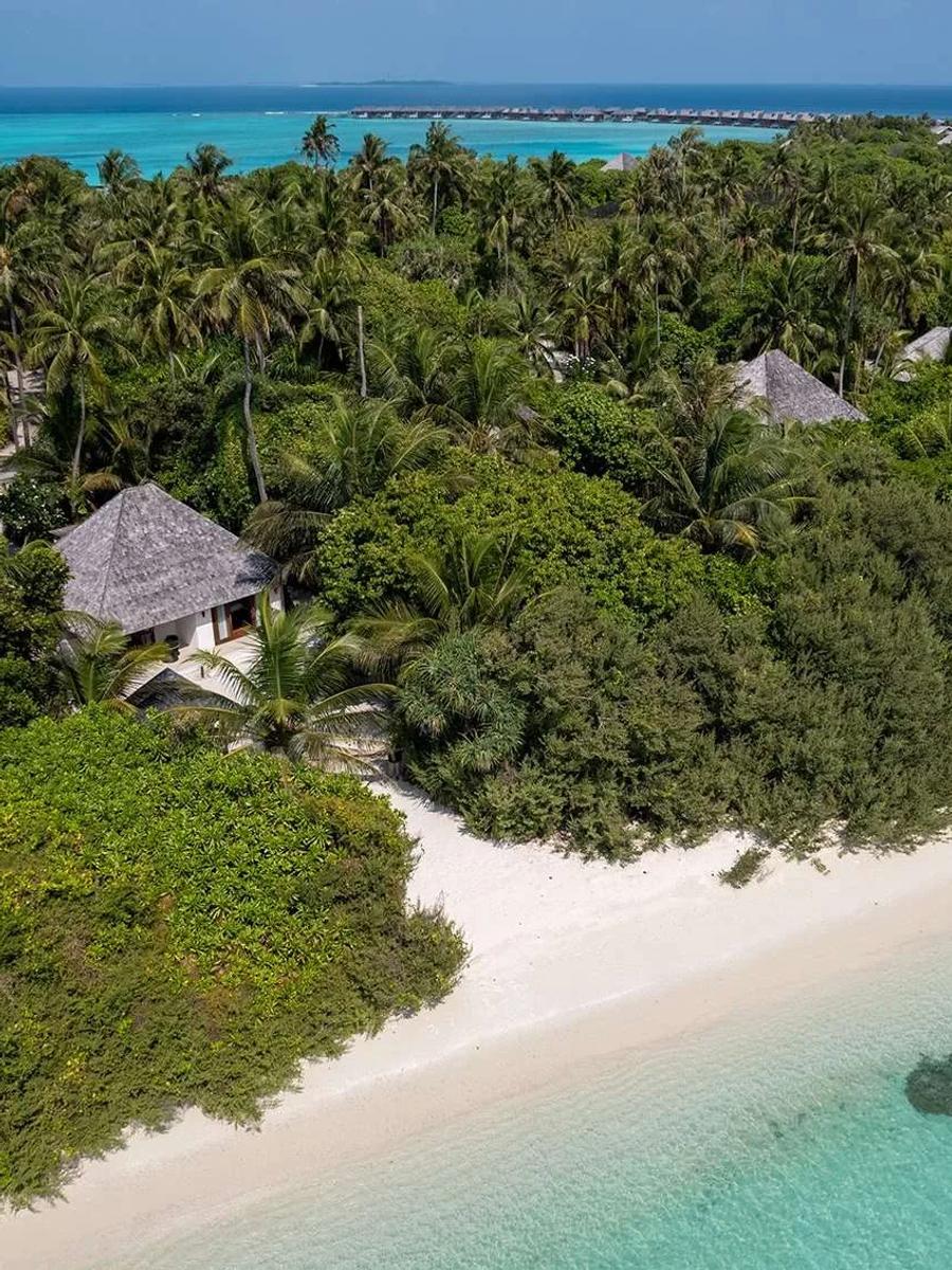 Exterior of a Sunset Beach Villa at Hideaway, its thatched roof set among coconut palms on the private beach