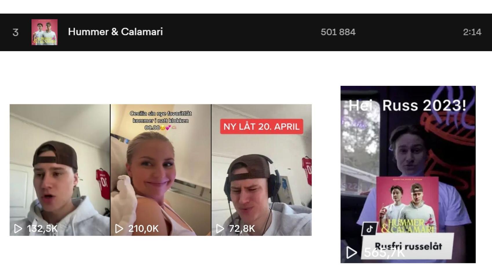 Bildet viser hvor mange views låta har på TikTok og streams på Spotify.