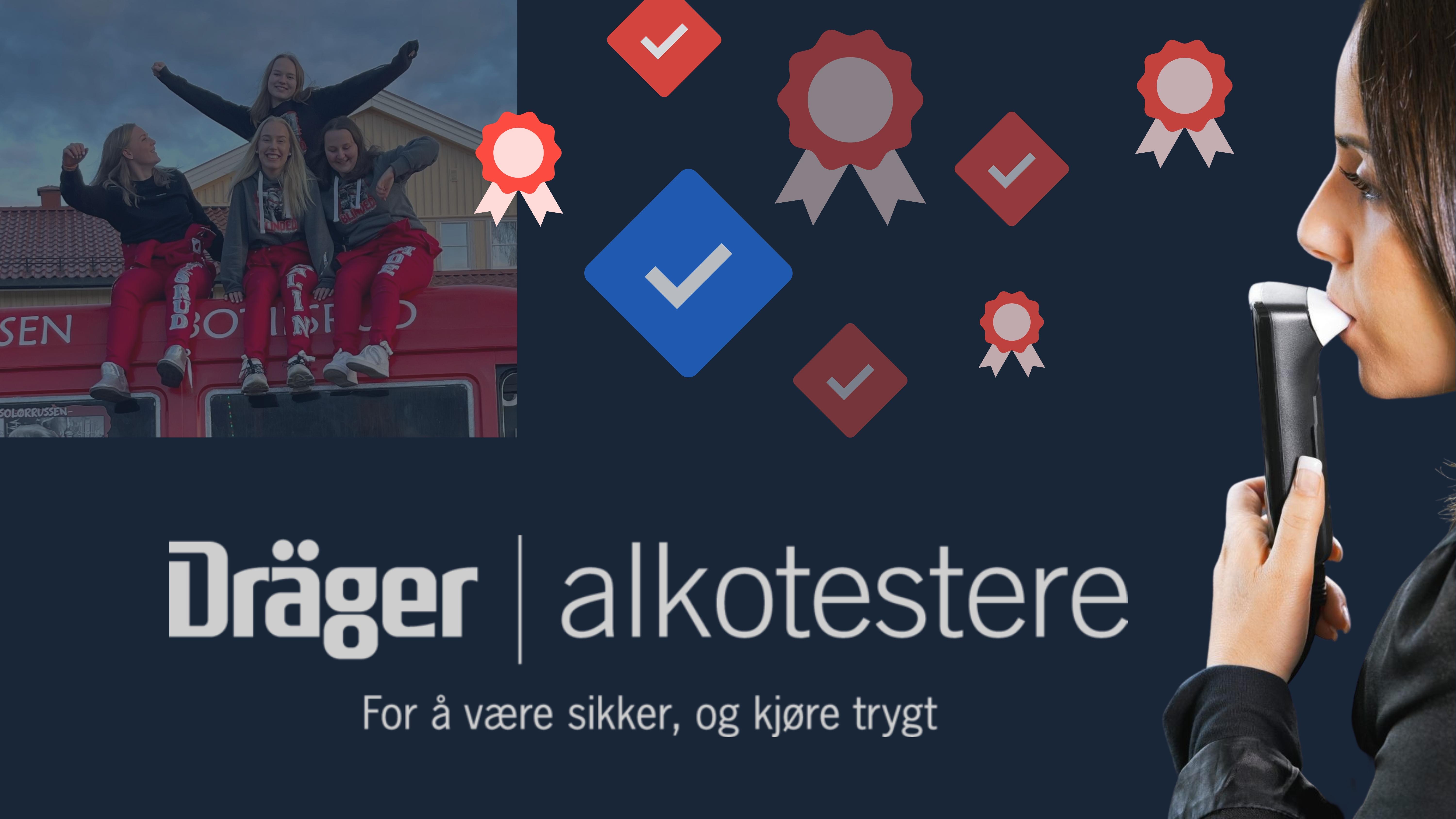 Bilde av russejenter som har fått installert alkolås. Russ blåser i alkolåsen. Logo av Dräger alkotester. Får å være sikker, og kjøre trygt.