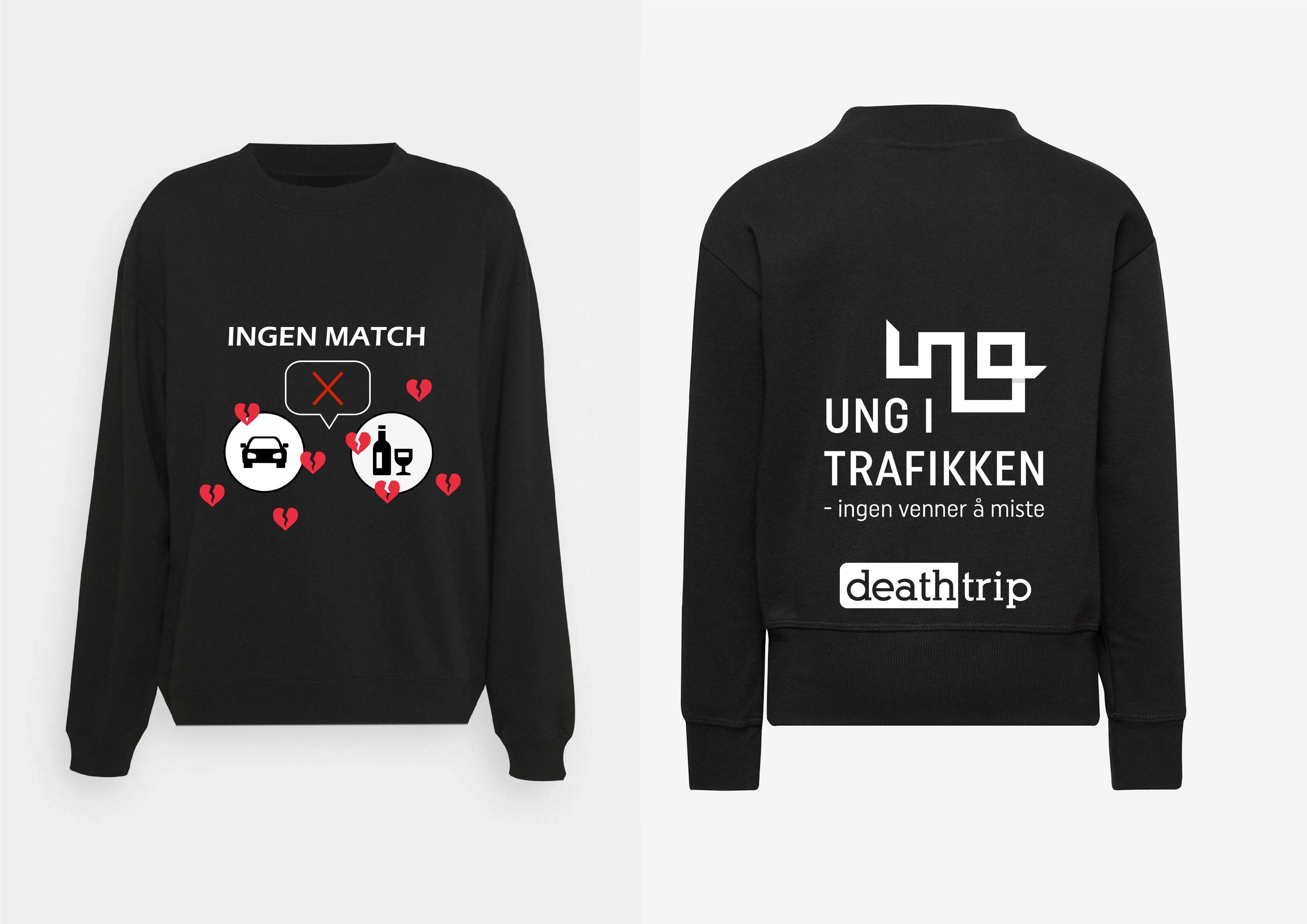 Merch av svart hettegenser med bilder av bil og alkohol med teksten: ingen match.