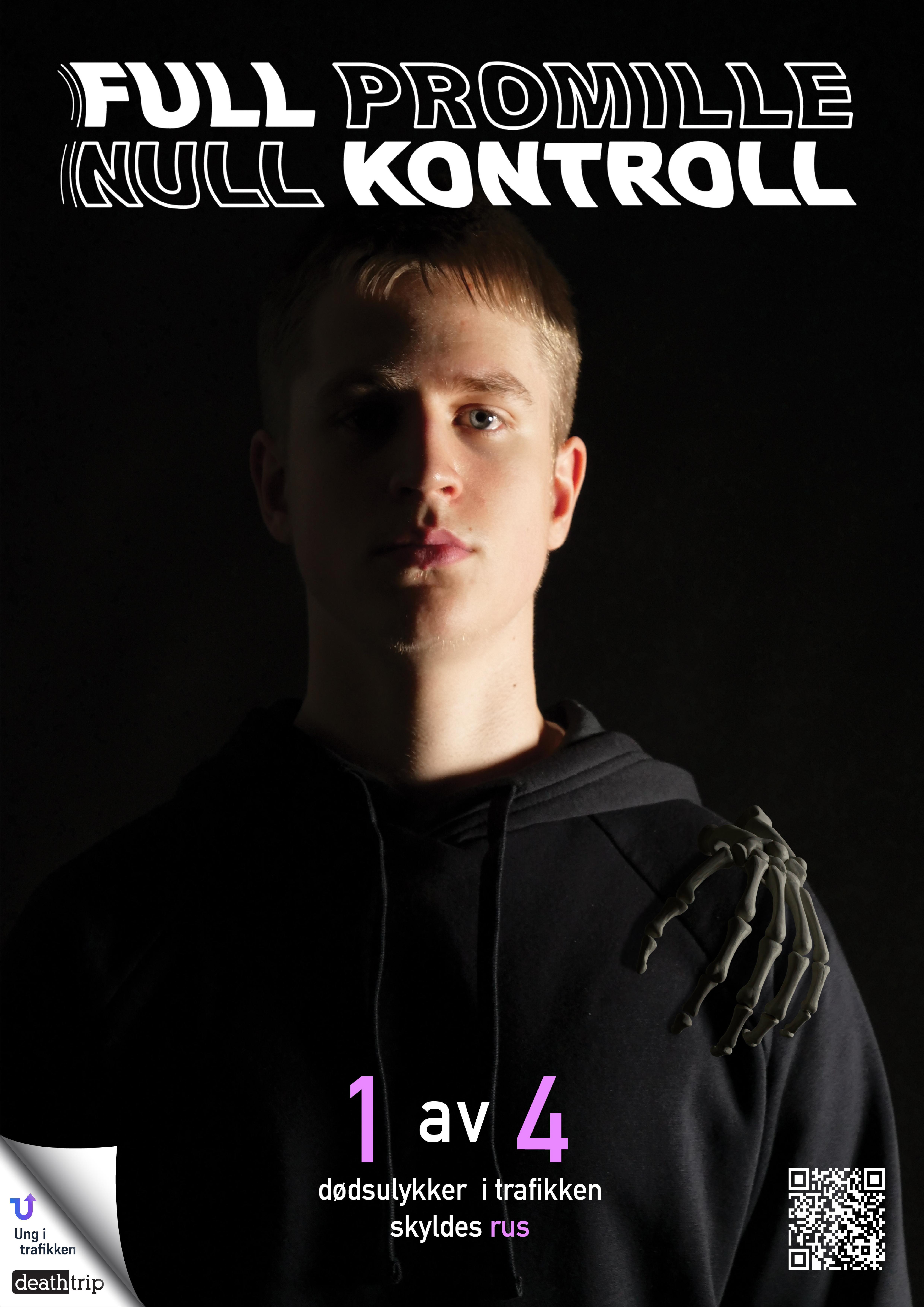 Plakat med en ungdom i halvveis skygge over ansiktet. Logoen "Full promille, null kontroll" vises over. Teksten "1 av 4 dødsulykker i trafikken skyldes rus" vises under.