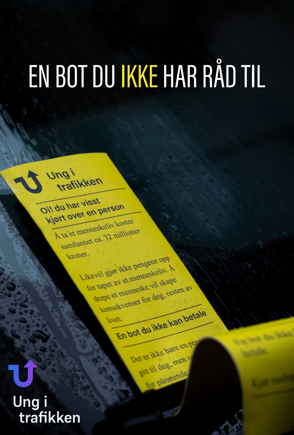 Utsnitt av en gul bot som ligger i frontruta på en bil. Teksten "En bot du ikke har råd til" vises over. Knyttet til menneskeliv tapt i trafikken.