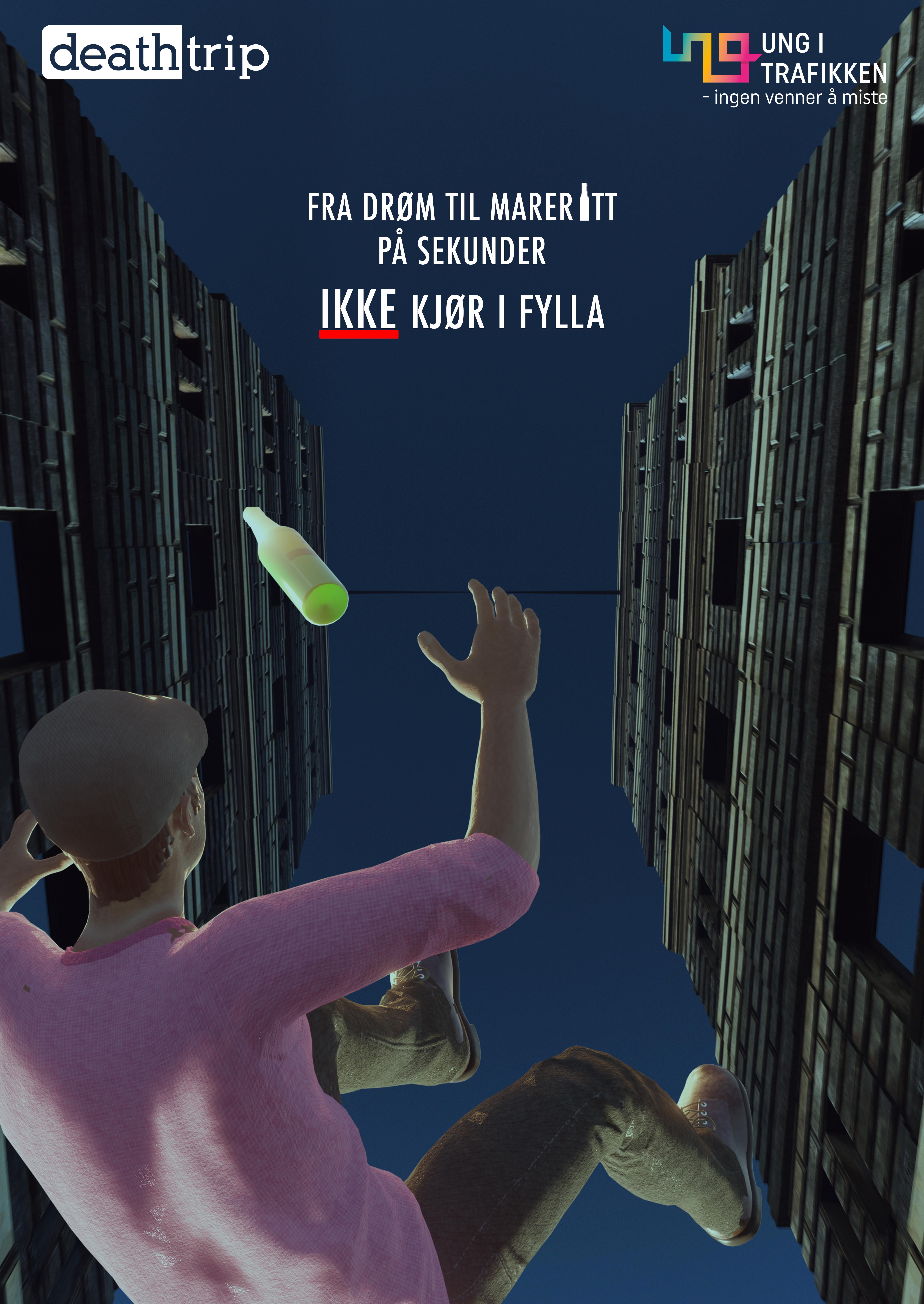 Webbanner av mann som faller fra en line, med teksten: fra drøm til mareritt på sekunder. Ikke kjør i fylla.