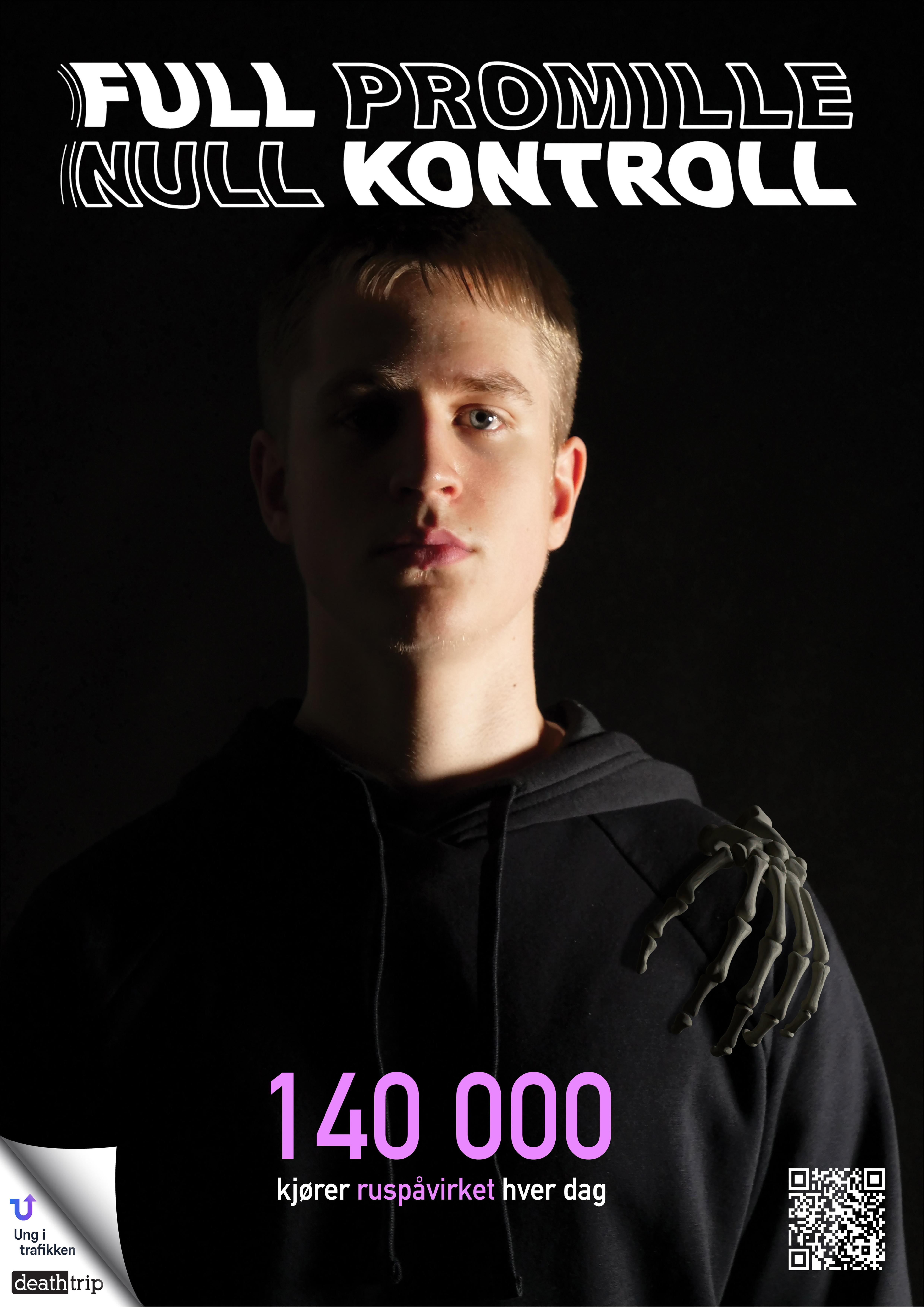 Plakat med en ungdom i halvveis skygge over ansiktet. Logoen "Full promille, null kontroll" vises over. Teksten "140.000 kjører ruspåvirket hver dag" vises under.