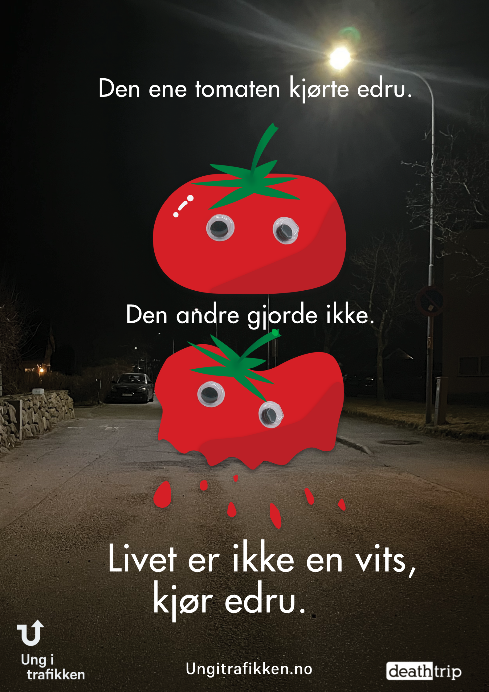 Bildet er av en gul bot som ligger i et bilvindu. På boten står det "Oi, du har visst kjørt på en person. Å ta et menneskeliv koster samfunnet ca. 32 millioner kroner. (...) En bot du ikke kan betale."