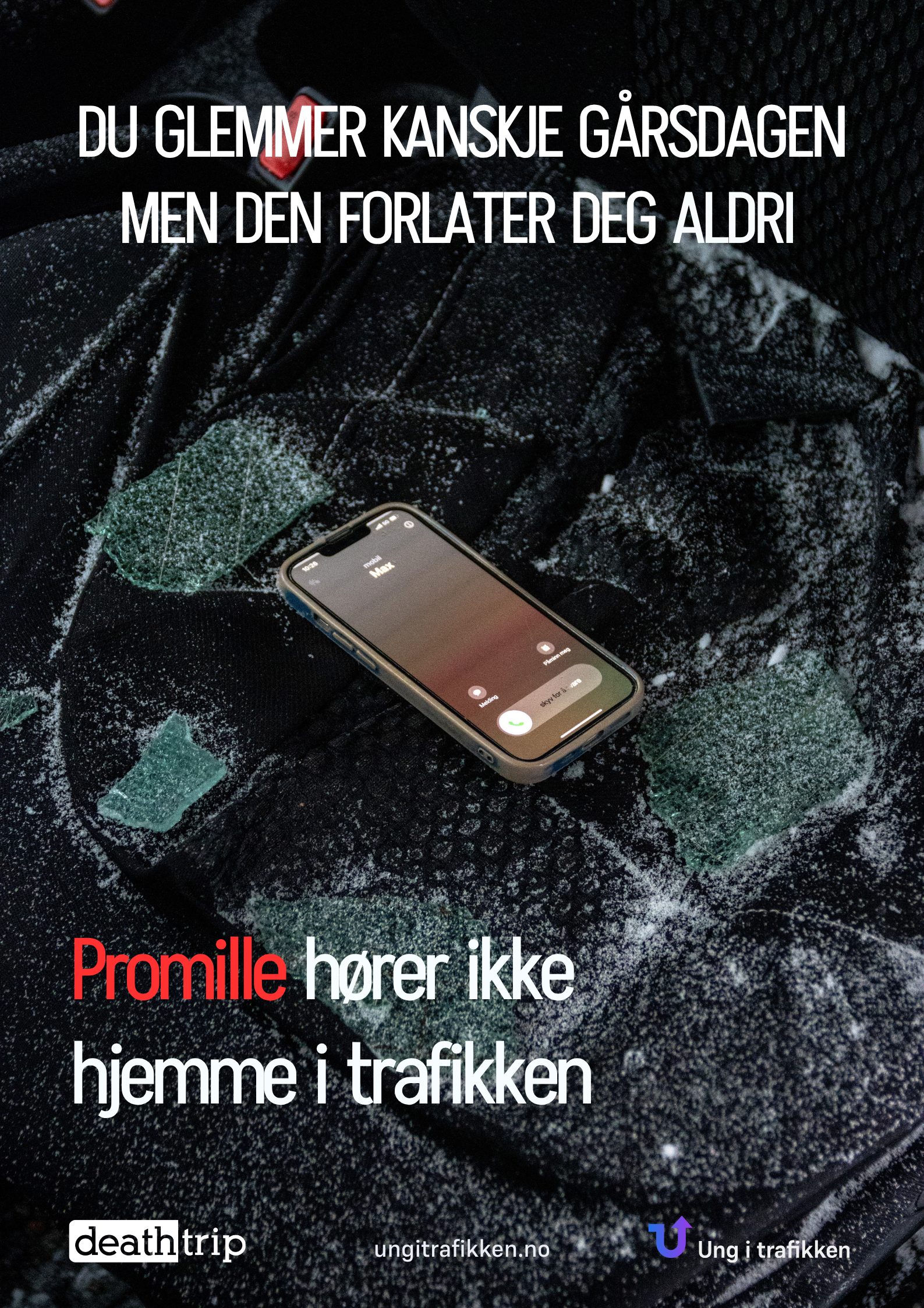 Bildet viser en ungdom øverst og et barn nederst. Begge sitter bak et ratt. På siden ser vi promillemeter som utgjør barnsligmeter. Jo høyere promille jo mer barnslig er du. Teksten "Det er barnslig å kjøre rusa" vises i midten.
