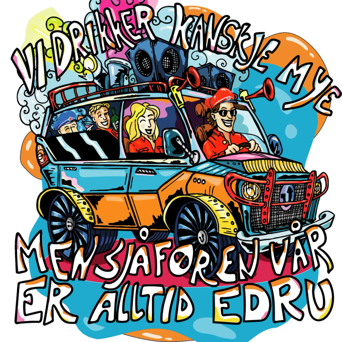 På strykemerket ser v en busssjåføre i en blå buss. Teksten "Vi drikker kanskje mye, men sjåføren vår er alltid edru".