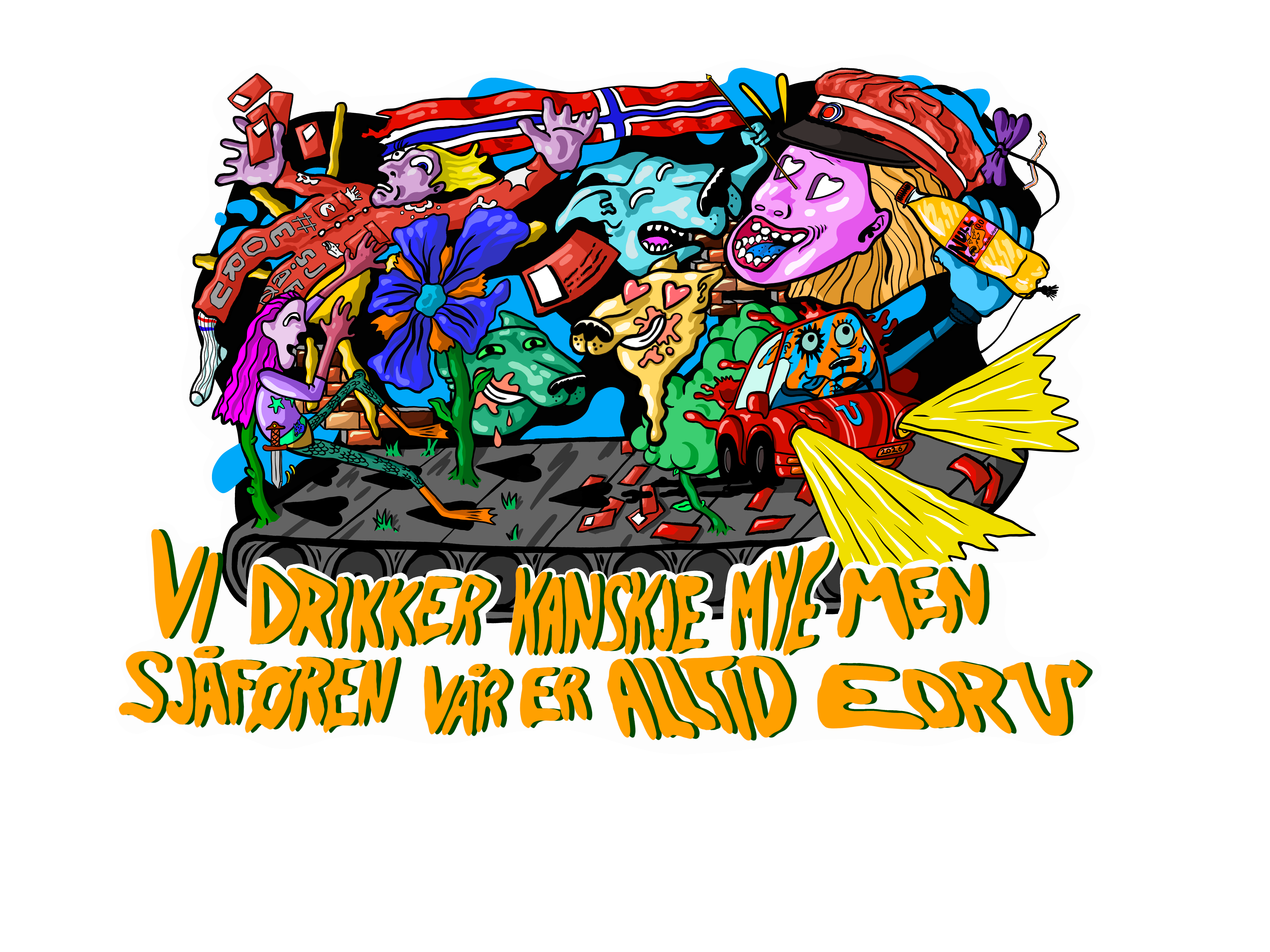 Et klistremerke med bilde av russerelatert feiring med teksten "vi drikker kanskje mye, men sjåføren vår er alltid edru".