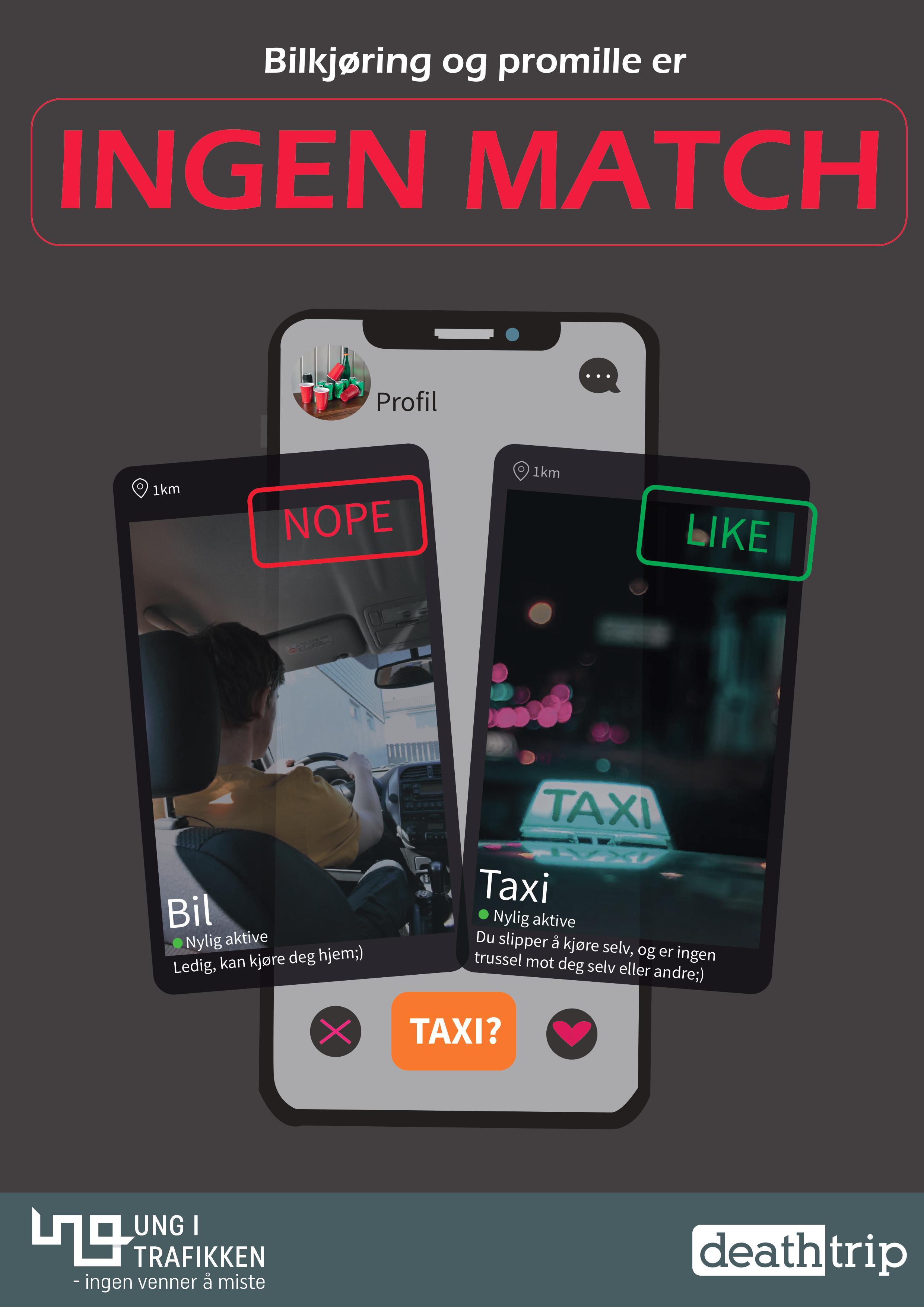 Plakat av mobil med datingapp med tekst: Bilkjøring og promille er ingen match.