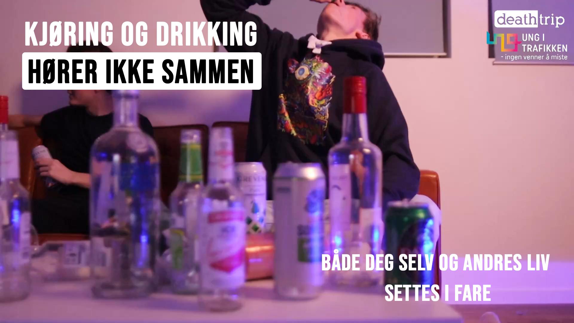 Plakat av landevei med tekst: Kjøring og drikking hører ikke sammen.