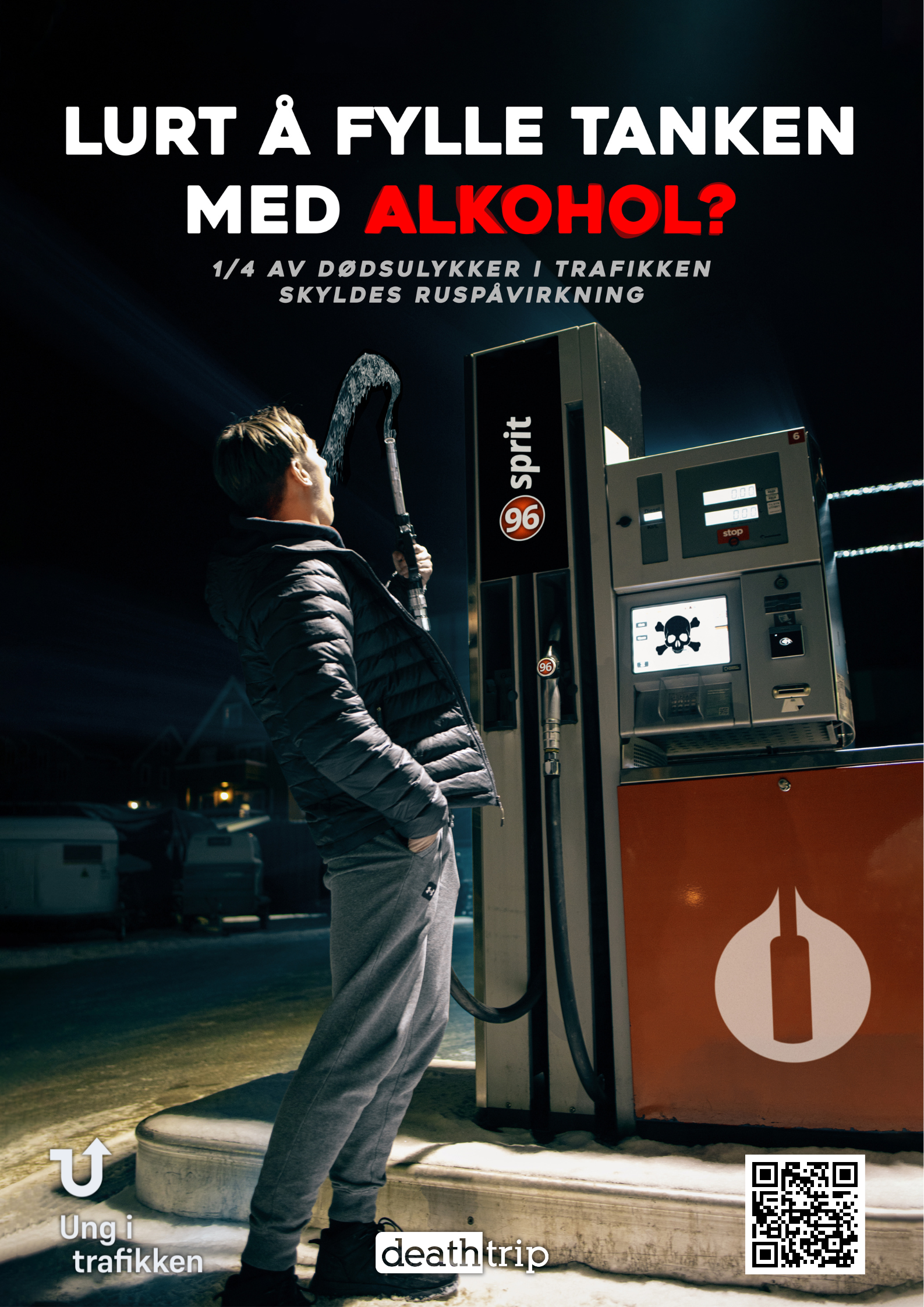 En gutt drikker fra bensinpumpe. Teksten "Lurt å fylle tanken med alkohol" vises over. "1/4 av dødsulykker i trafikken skyldes rus" står under.