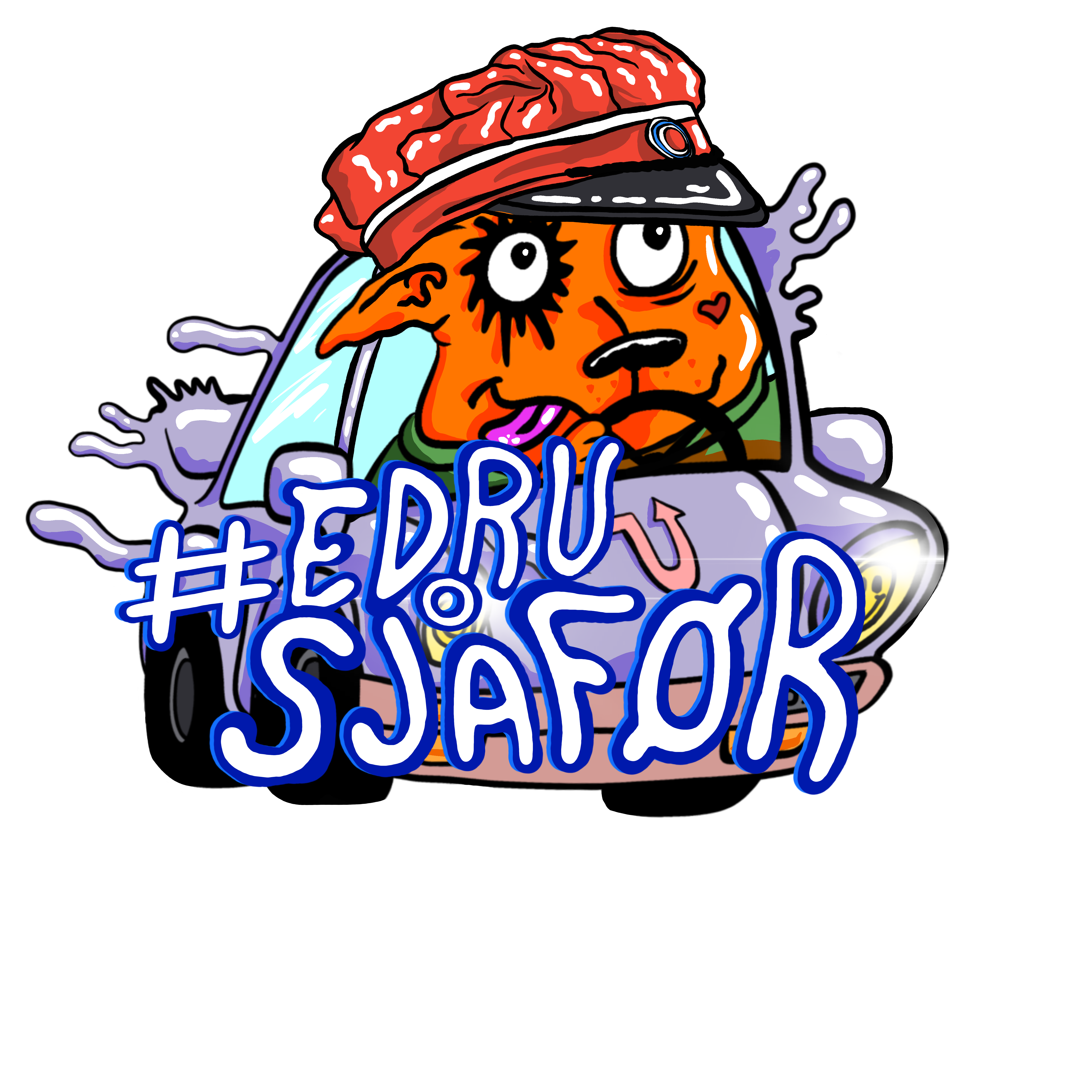 En hund stikker hodet sitt ut gjennom frontruten på en bil med russelue på. Tekst hvor det står "#Vi drikker kanskje mye men sfåføren vår er alltid edru"