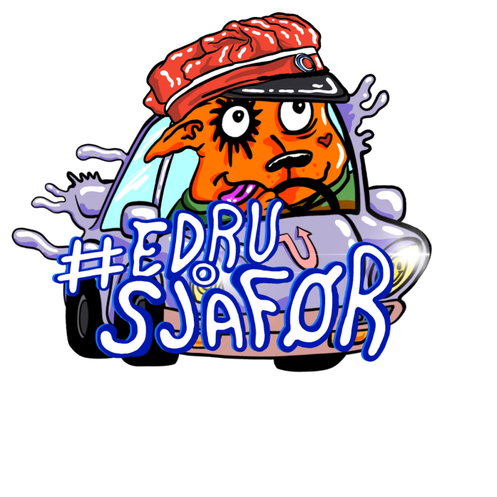 På strykemerket ser v en busssjåføre i en blå buss. Teksten "Vi drikker kanskje mye, men sjåføren vår er alltid edru".