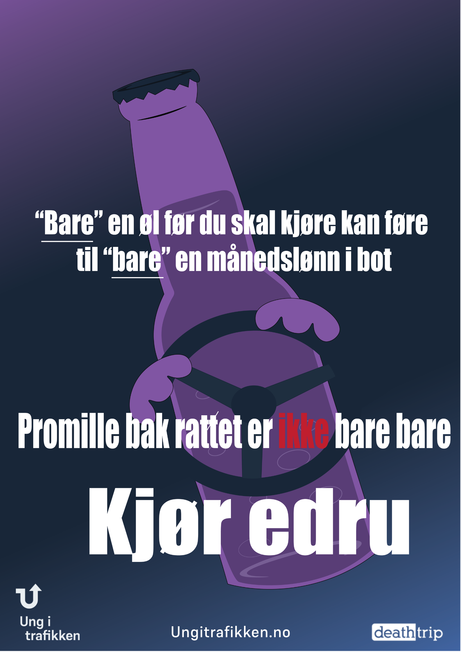 Bildet viser en ungdom øverst og et barn nederst. Begge sitter bak et ratt. På siden ser vi promillemeter som utgjør barnsligmeter. Jo høyere promille jo mer barnslig er du. Teksten "Det er barnslig å kjøre rusa" vises i midten.