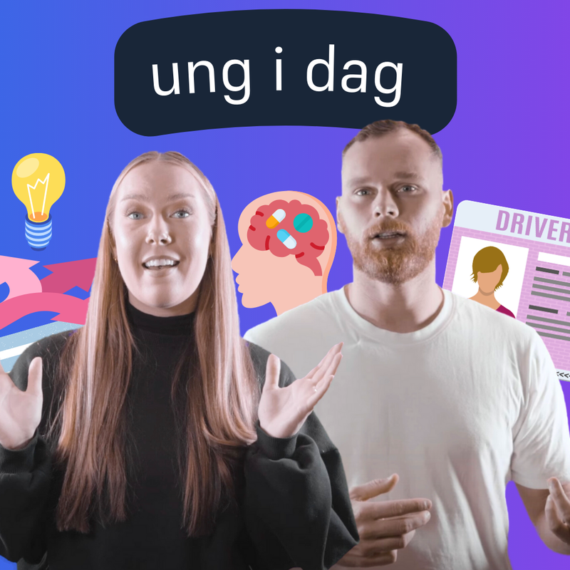 En gutt og en jente står foran kamera og ser ut som de forklarer noe spennende. I bakgrunnen står teksten "ung i dag" som tittel over hodet deres. Det er også animasjoner i bakgrunnen av et førerkort, hjerne, piller og lyspære som symboliserer ide og valg.