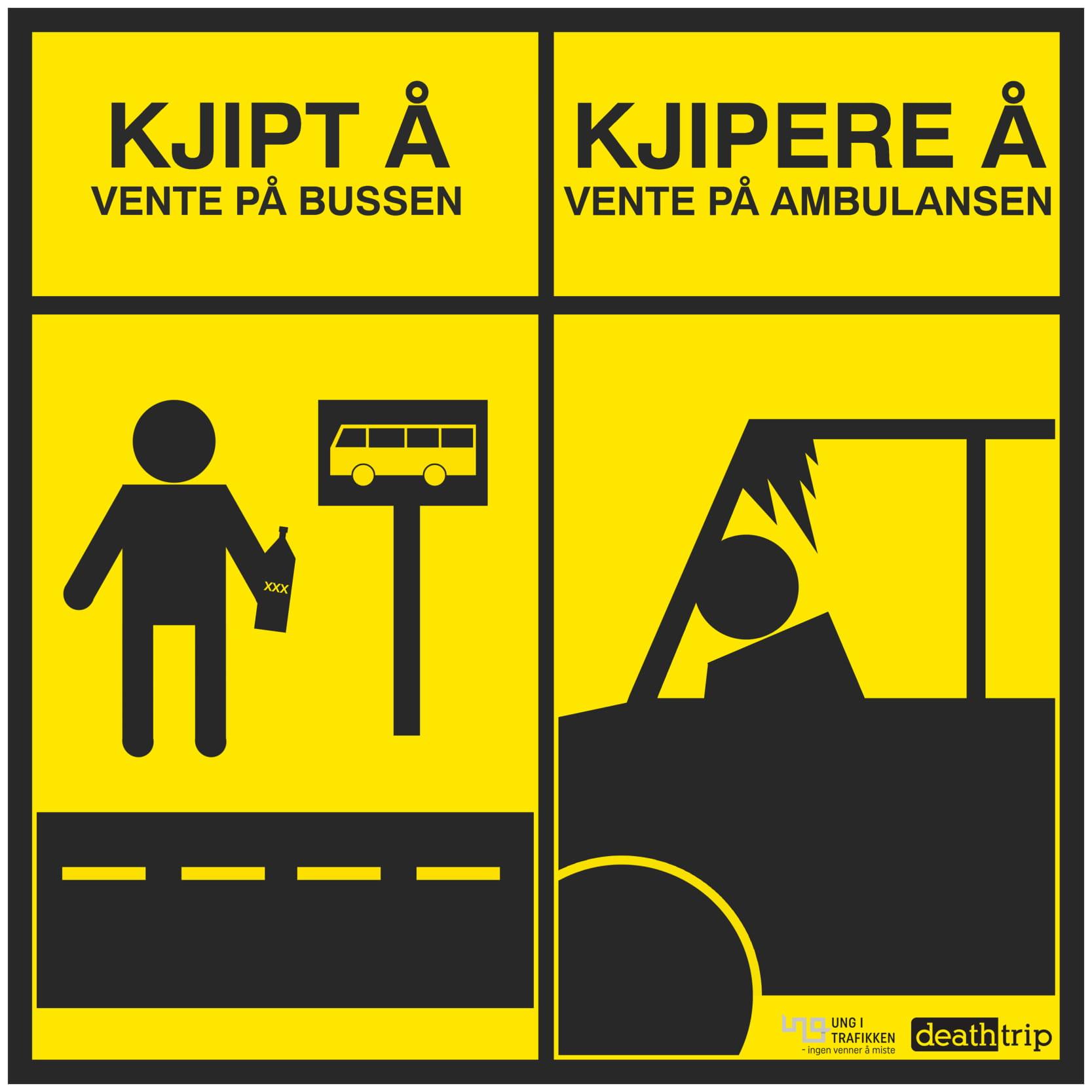 Tegneserie med tekst: Kjipt å vente på bussen. Kjipere å vente på ambulansen.