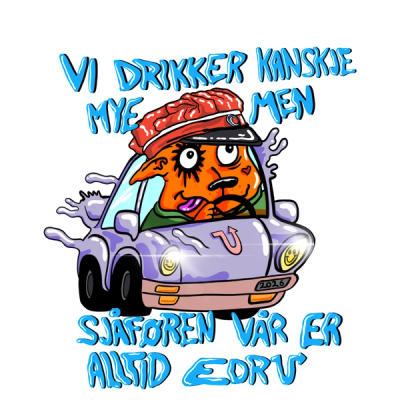 Illustrert oransje hund med russelue i en liten bil med slagordet "vi drikker kanskje mye, men sjåføren vår er alltid edru"