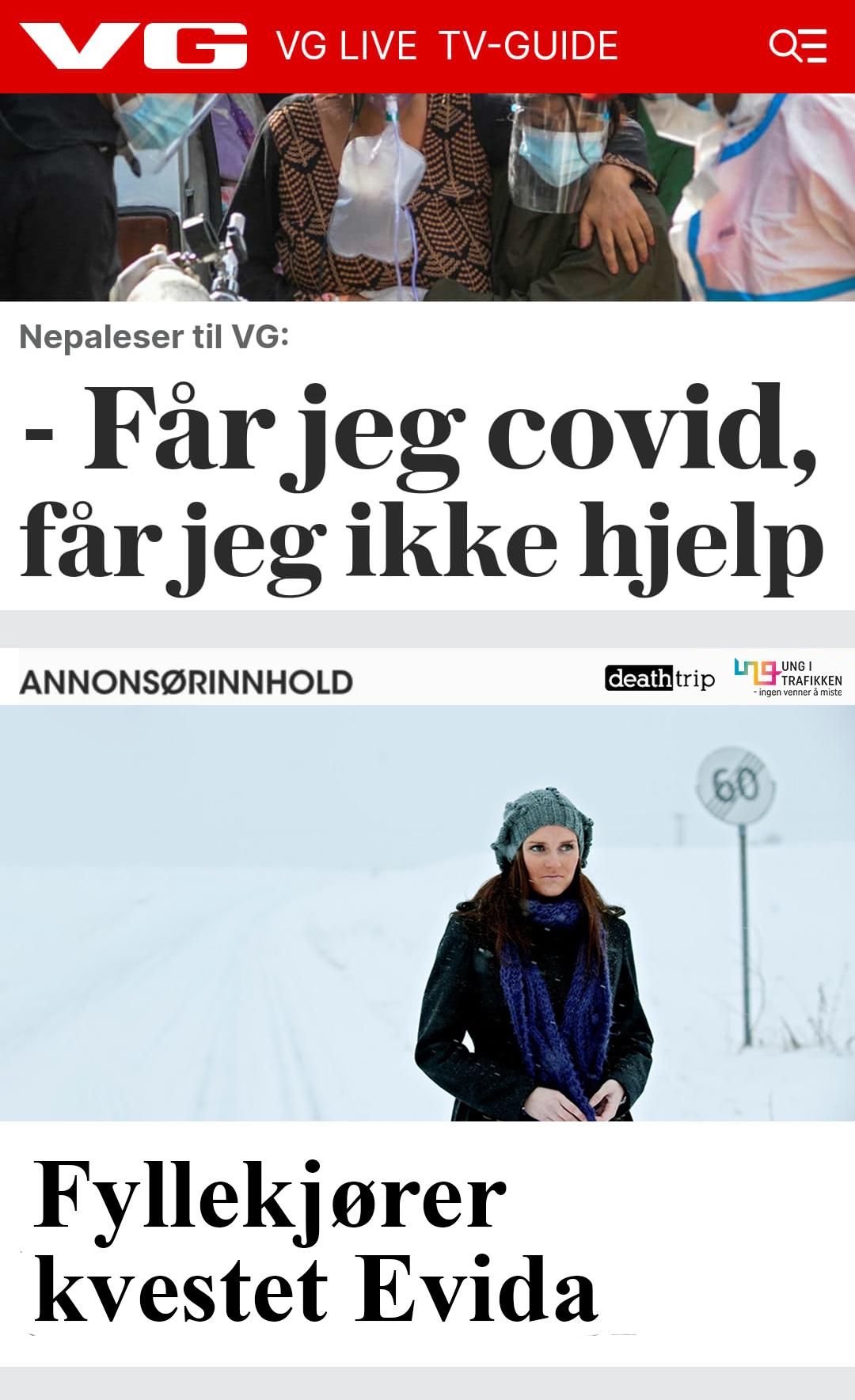 Skjermbilde av forslag til annonsørinnhold på vg.no