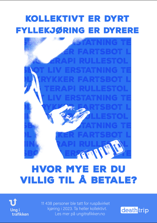 bildetekst på plakat i hvit og blått